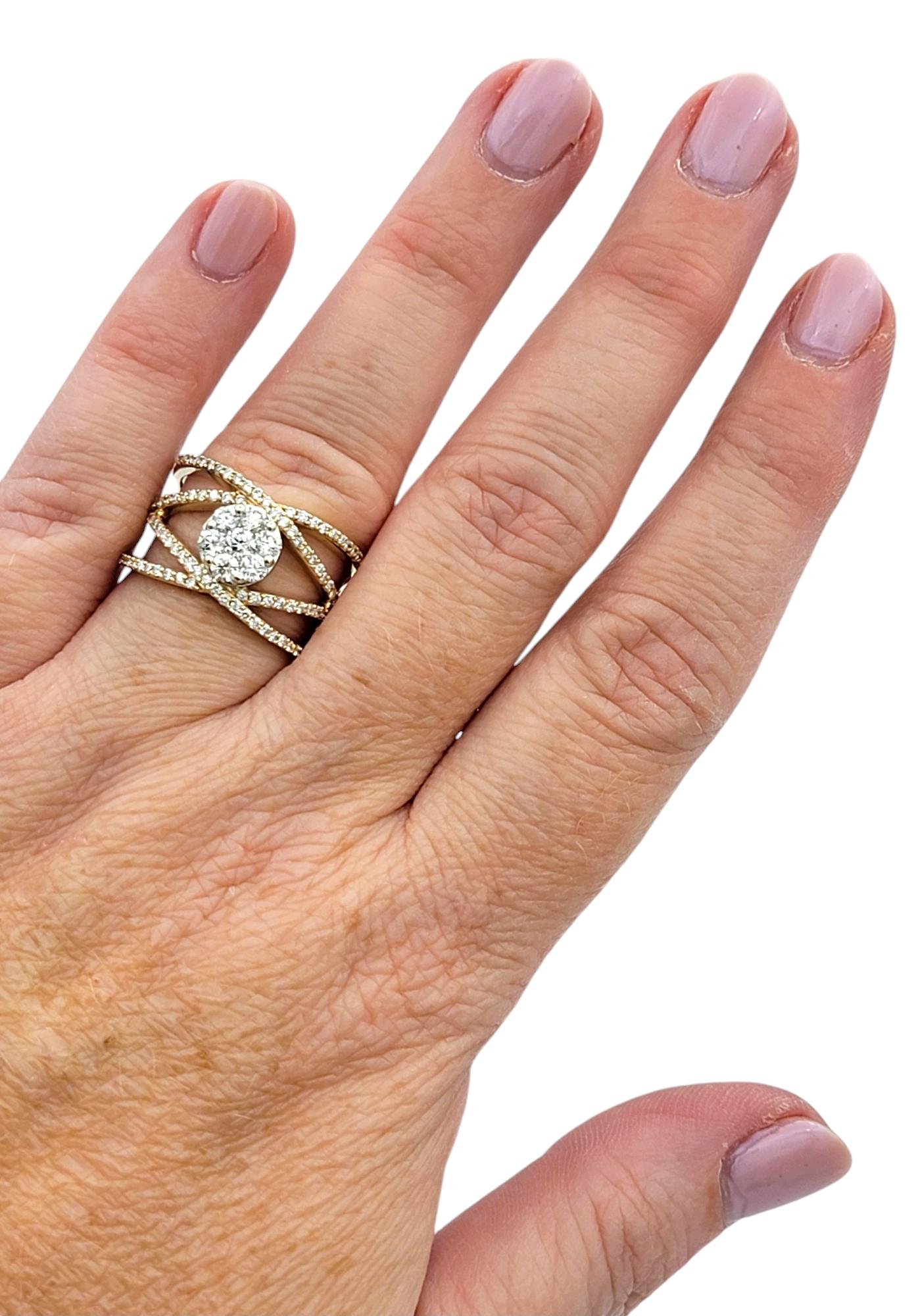 Bague en or jaune 14 carats à diamants croisés et pavés multiples en vente 2