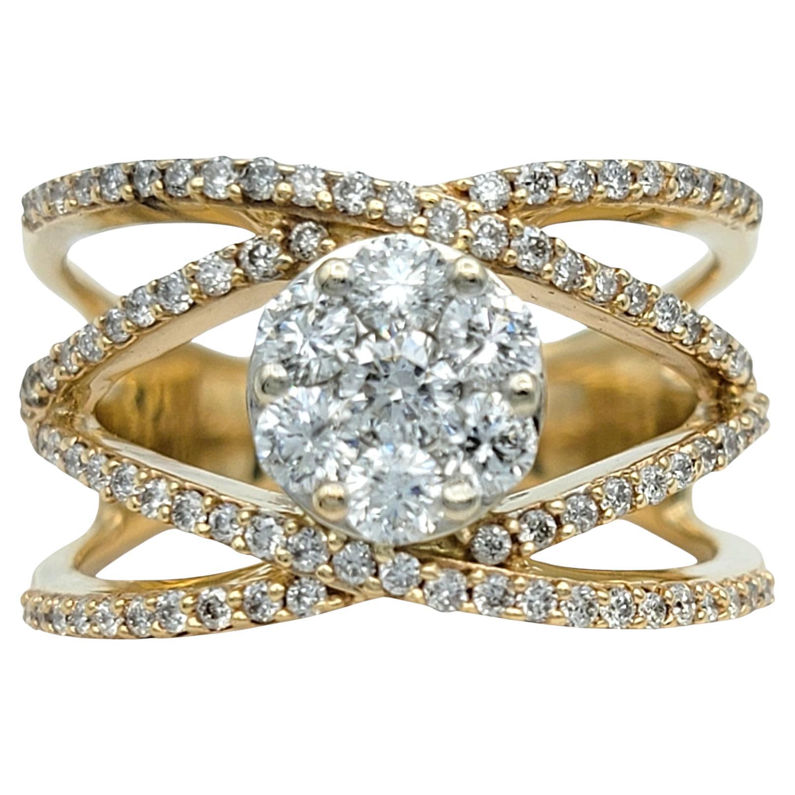 Cluster Diamond Criss-Cross Multi Pavé Band Ring in 14 Karat Yellow Gold
