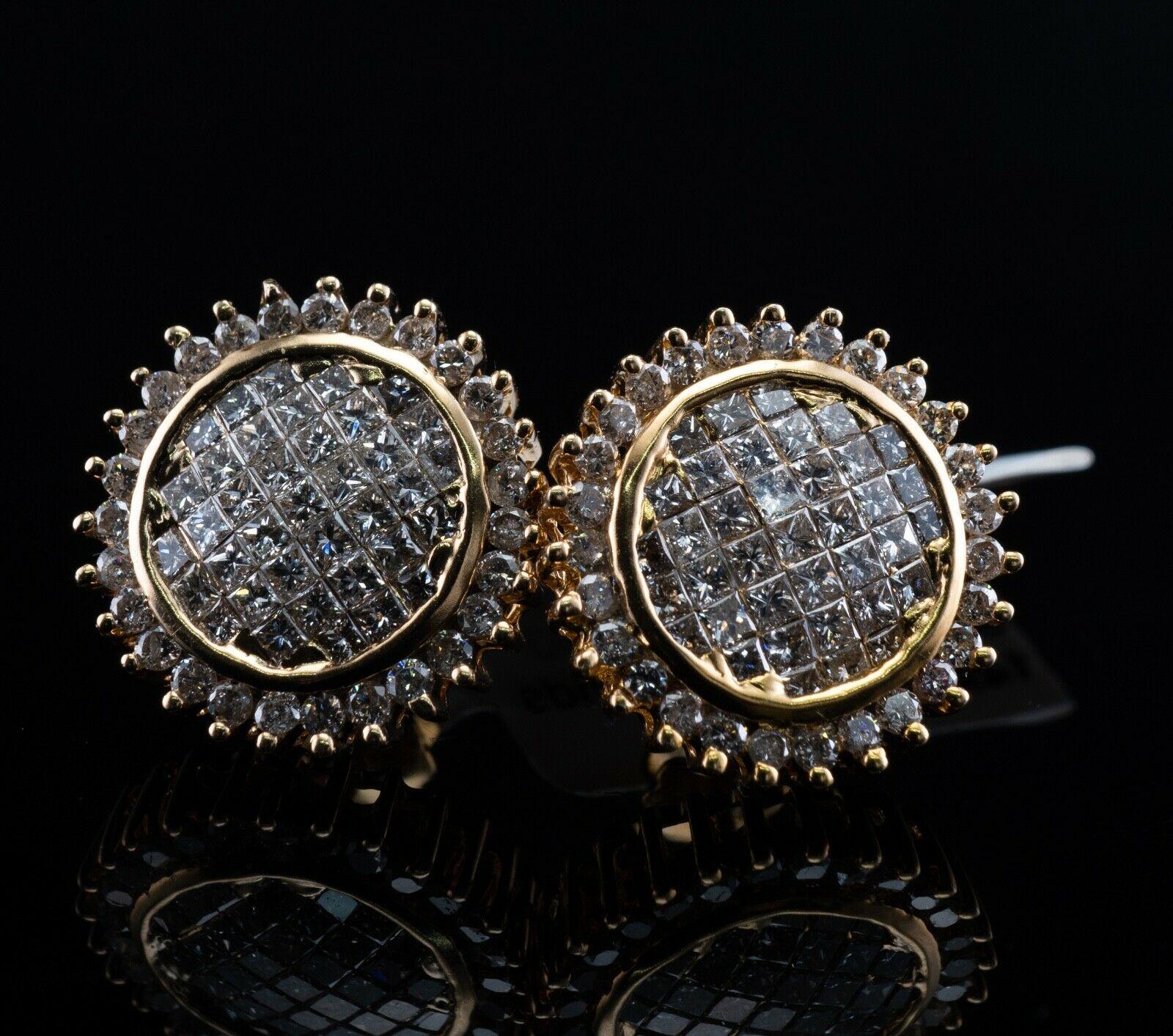 Square Cut Cluster Diamond Earrings 14K Gold Studs 2.00 TDW Circle Round