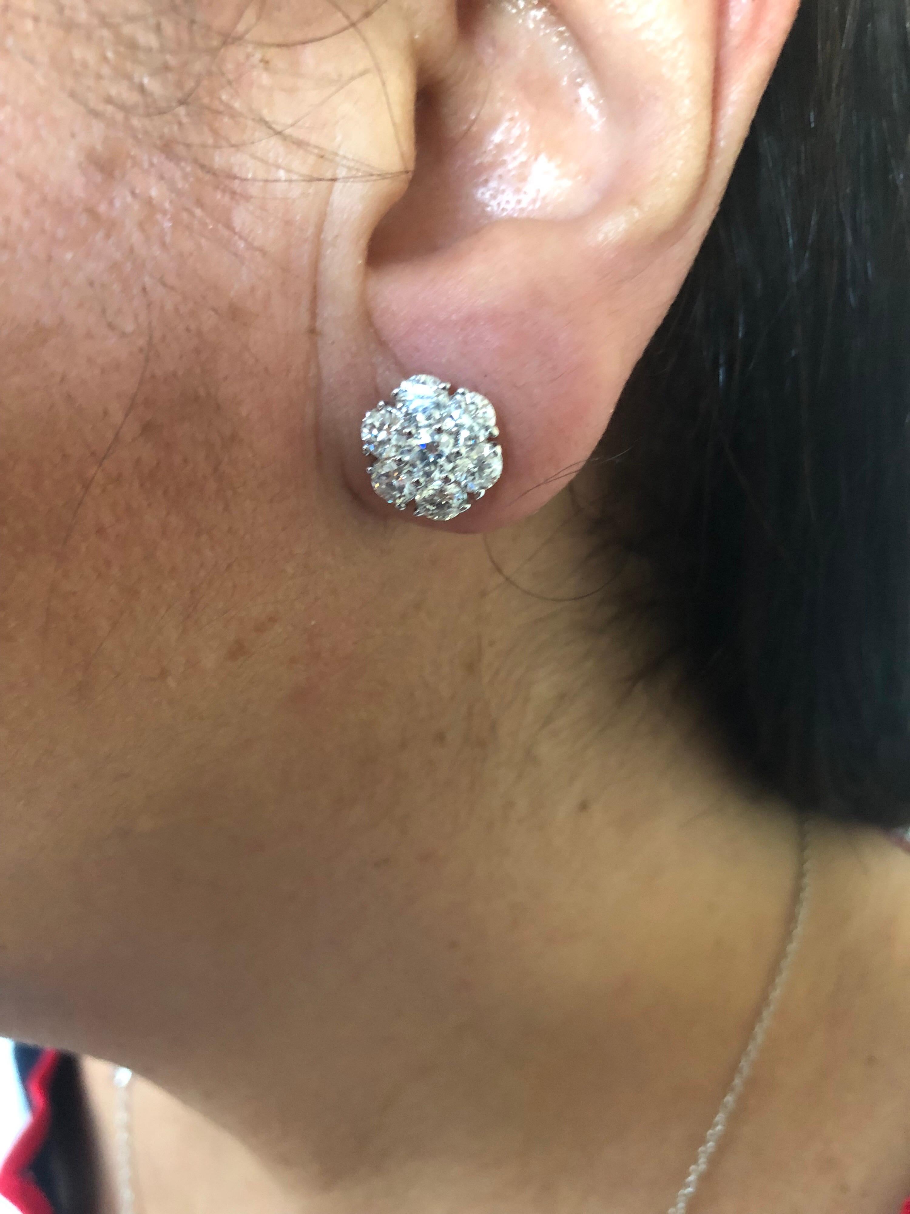 Round Cut Cluster Diamond Earrings 3 Carat For Sale