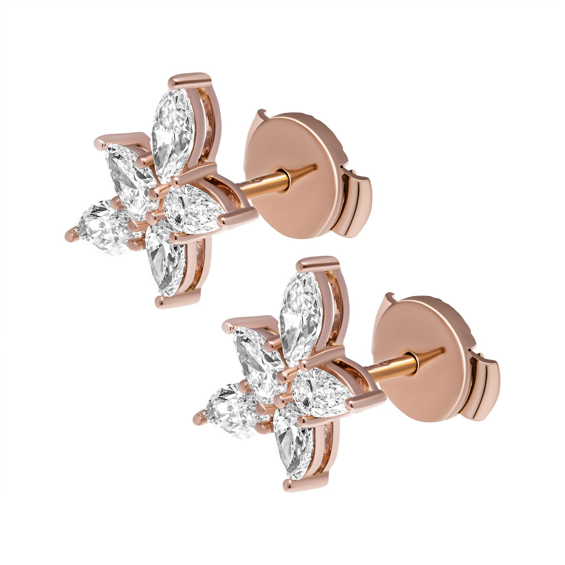 Cluster Earrings in 18K Rose Gold
with mixed shaped diamonds
4st marquee totaling 0.58ct F/G color VS clarity
6st pear shapes totaling 0.61ct F/G color VS clarity

Pressure Back lock system 
