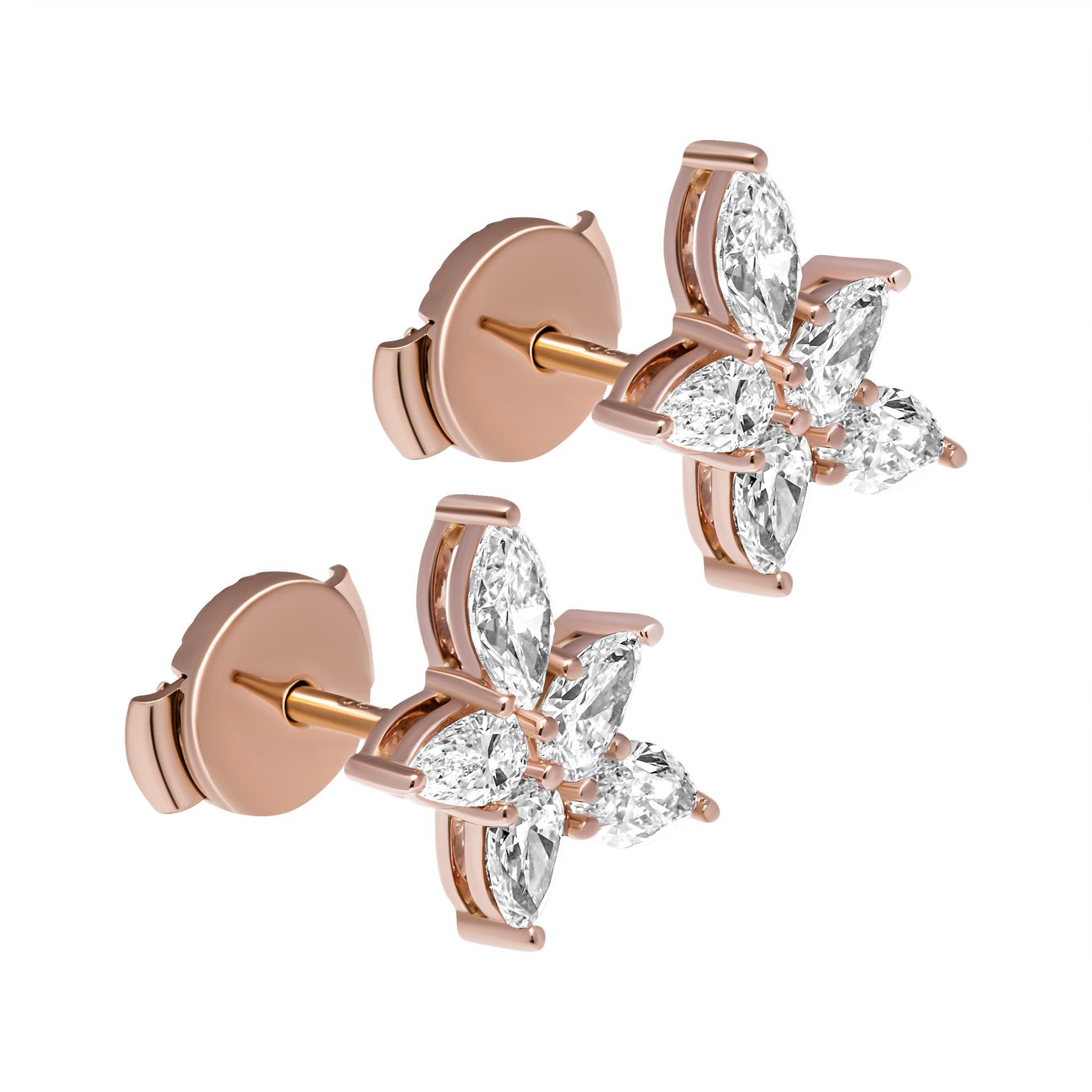 Mixed Cut Cluster Diamond Earrings in 18K Rose Gold  For Sale