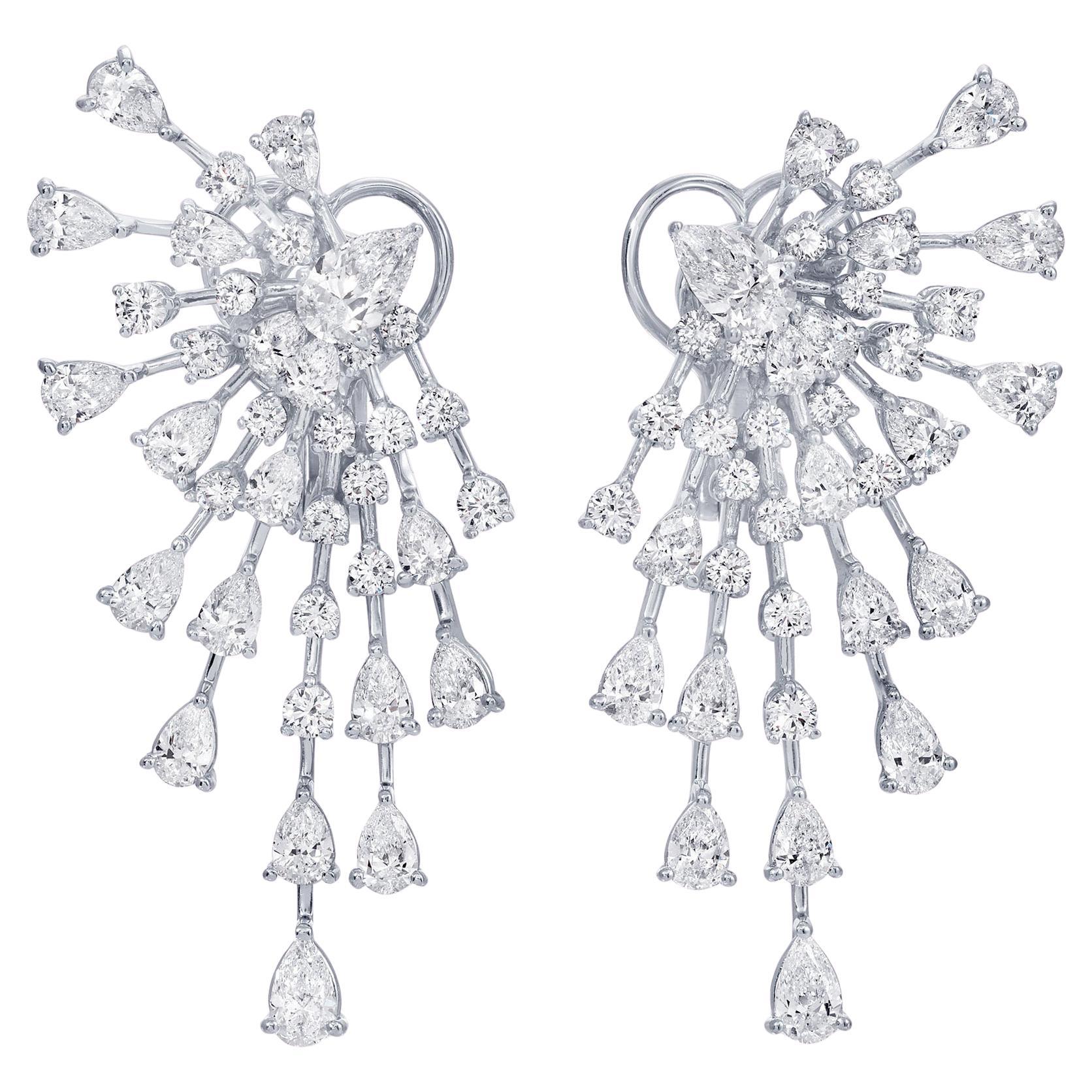 Cluster Diamond Fan Earrings 6.2 Carats Total 18K White Gold