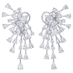 Cluster Diamond Fan Earrings 6.2 Carats Total 18K White Gold