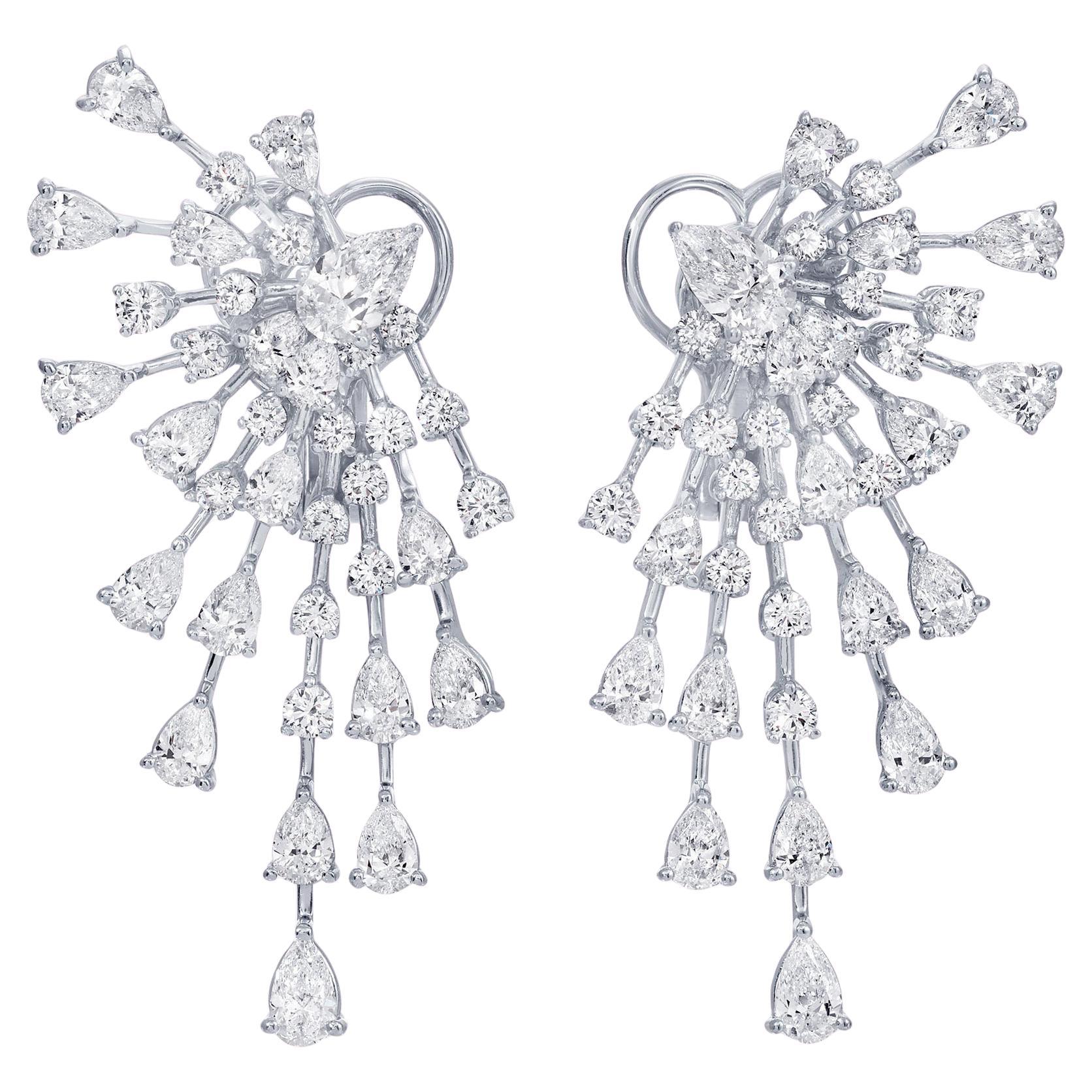 Cluster Diamond Fan Earrings 6.2 Carats Total 18K White Gold