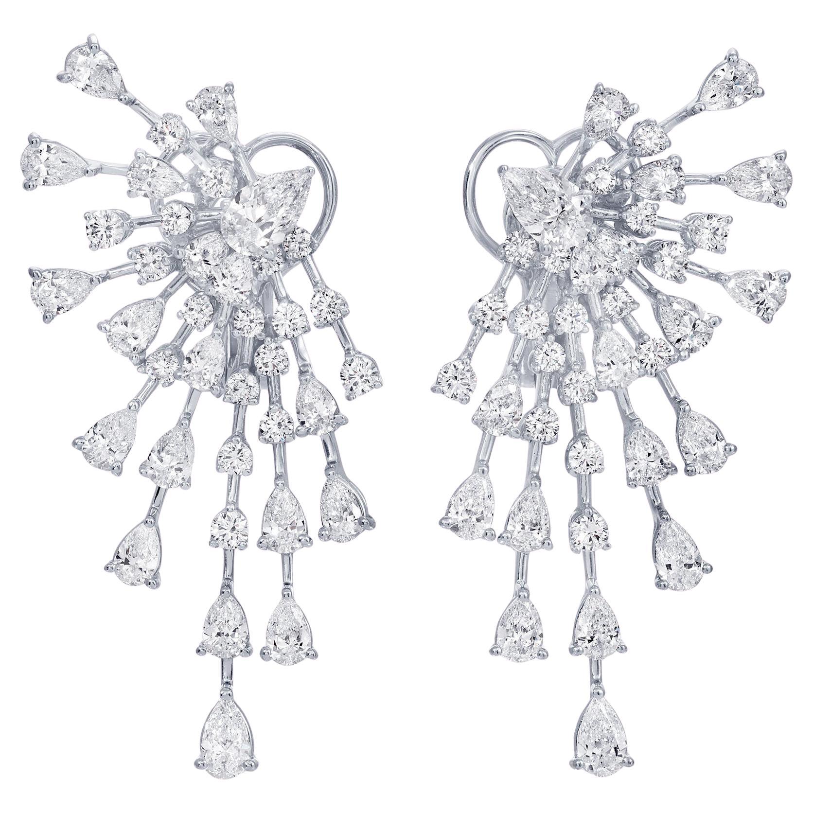 Cluster Diamond Fan Earrings 6.2 Carats Total 18K White Gold For Sale