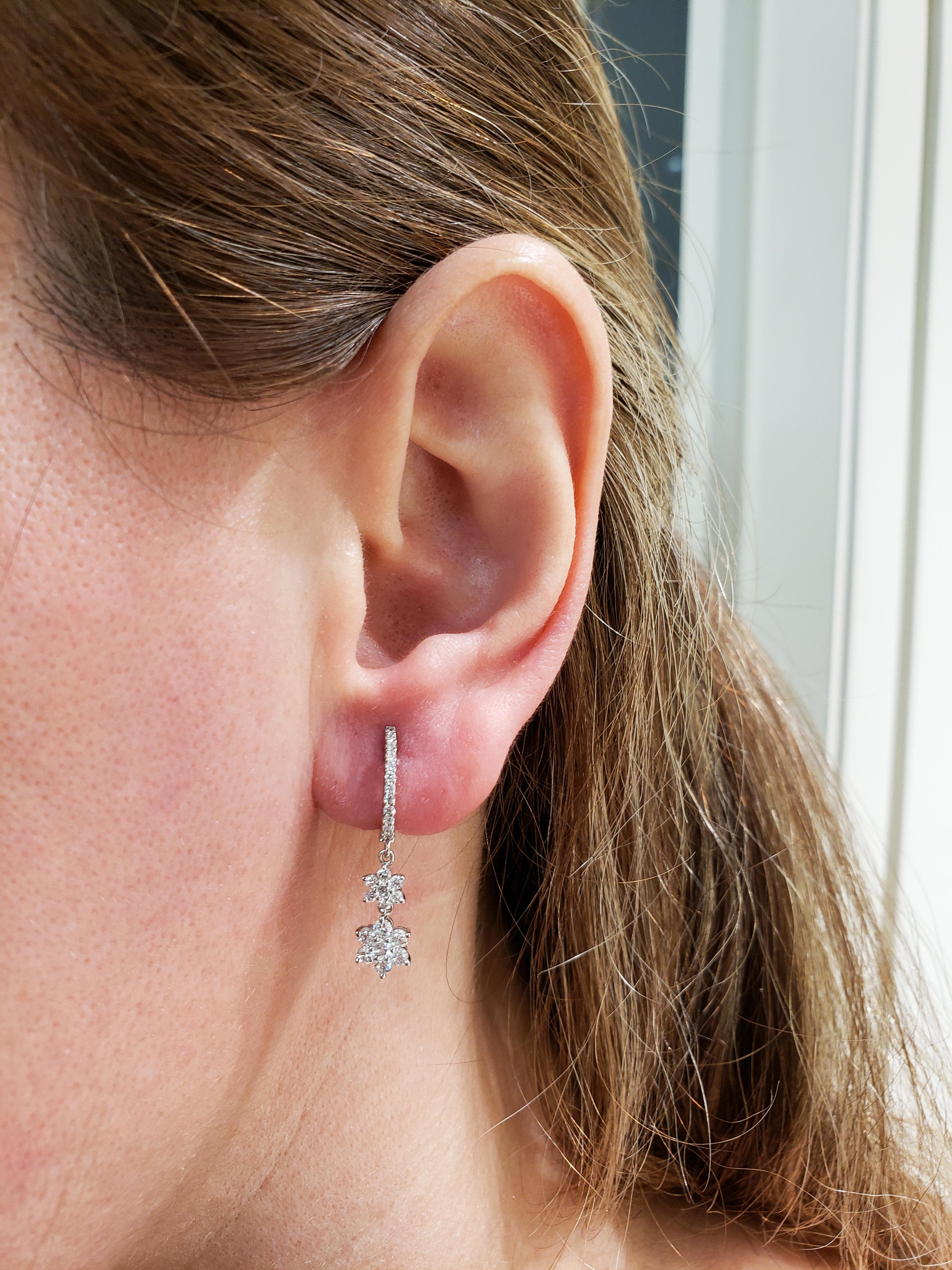 Round Cut Roman Malakov, Cluster Diamond Flower Drop Earrings For Sale