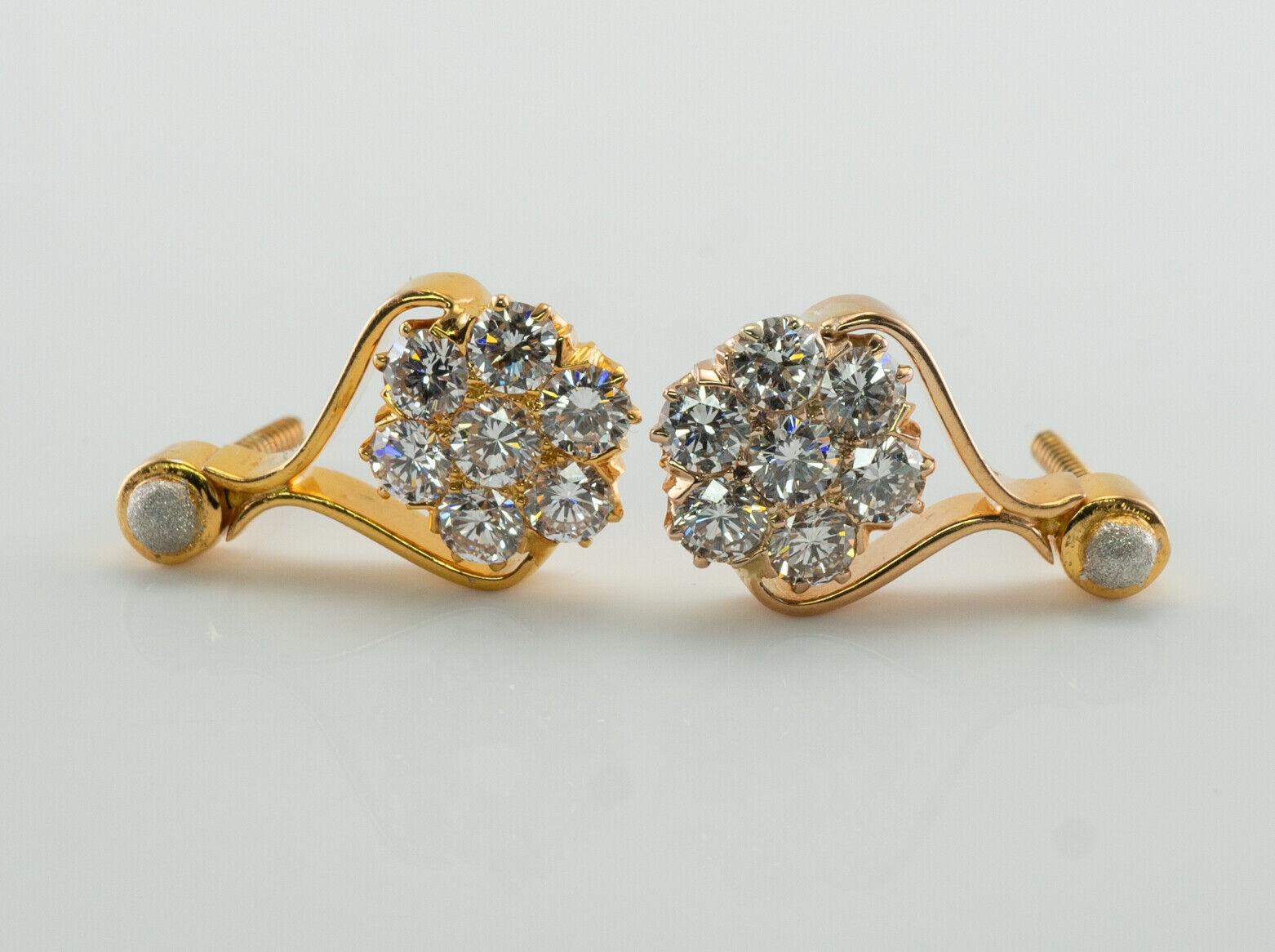 Round Cut Cluster Diamond Flower Earrings 14K Gold 1.66 TDW For Sale