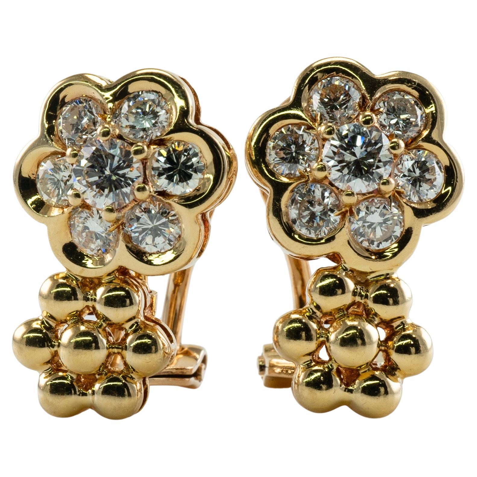 Cluster Diamond Flower Earrings 18K Gold 1.32 TDW Convertible Pierced and Clips For Sale