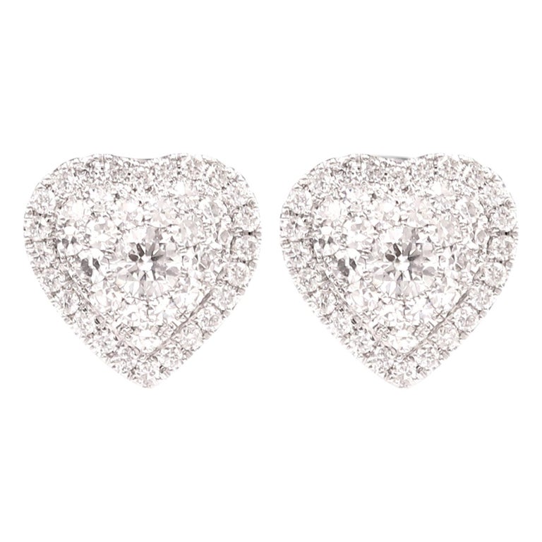 Cluster Diamond Heart Earrings 18 Karat White Gold Heart Studs For Sale