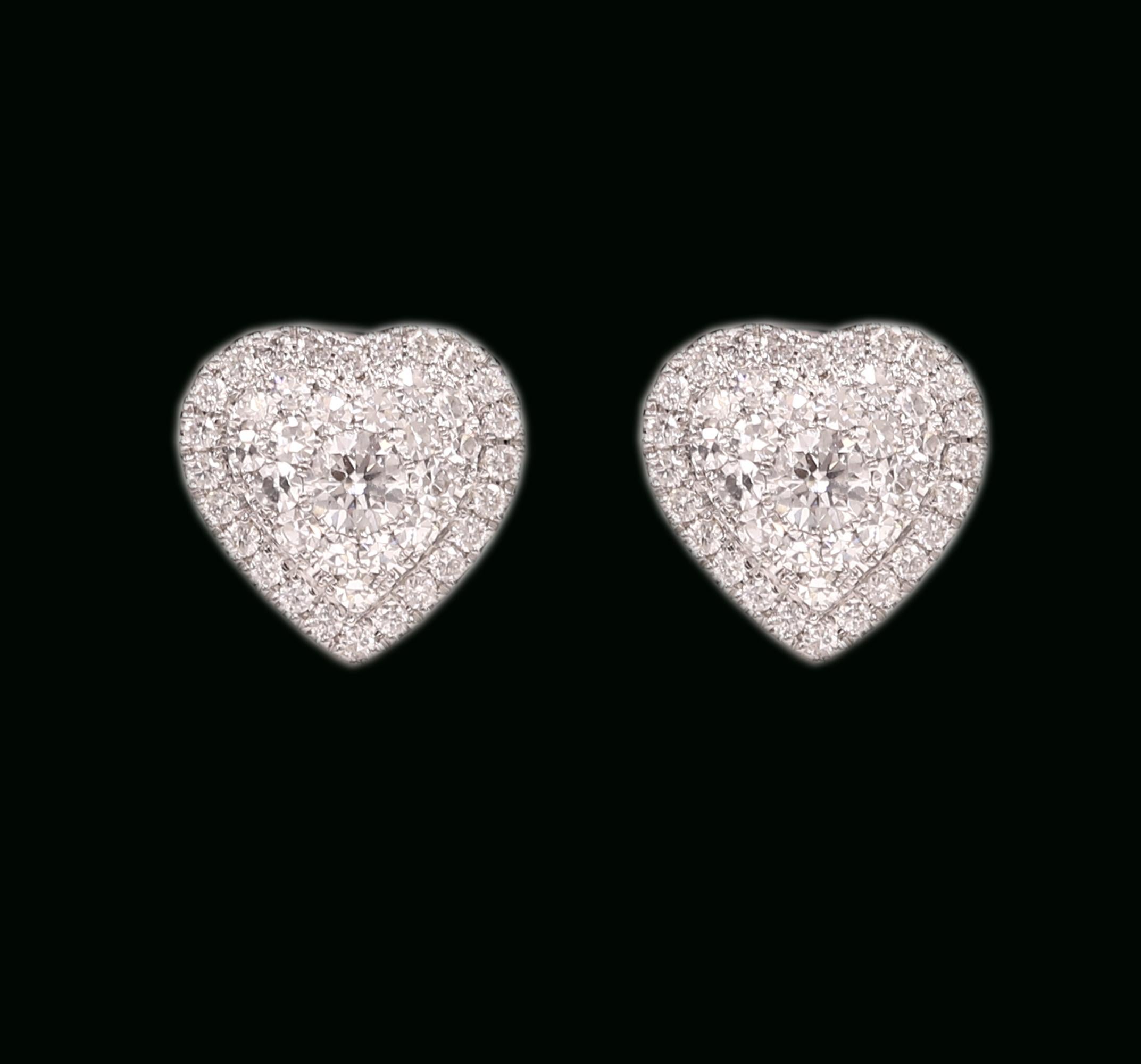 Cluster Diamond Heart Earrings 18 Karat White Gold Heart Studs In New Condition For Sale In Brooklyn, NY