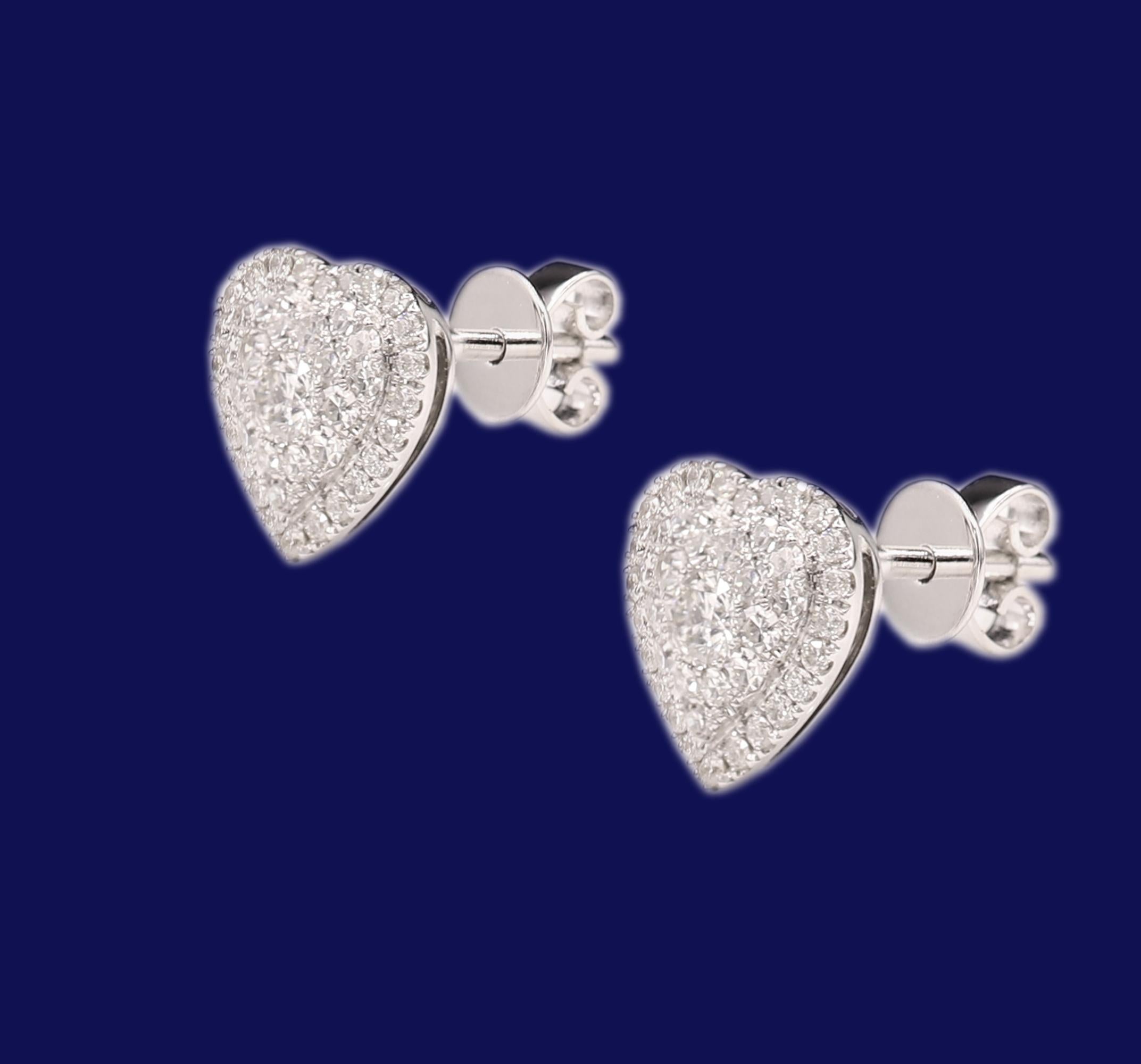 Women's Cluster Diamond Heart Earrings 18 Karat White Gold Heart Studs For Sale