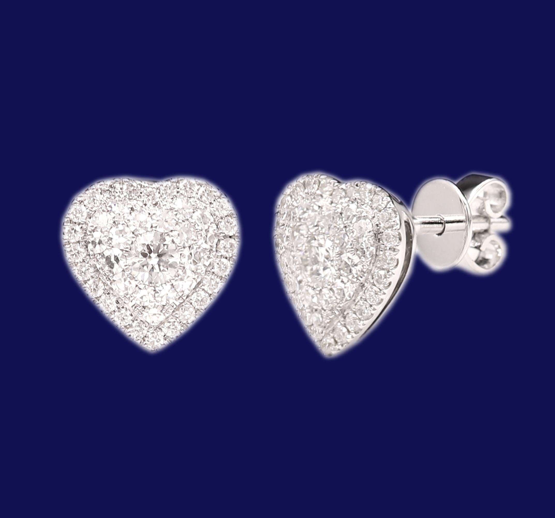 Cluster Diamond Heart Earrings 18 Karat White Gold Heart Studs For Sale 1