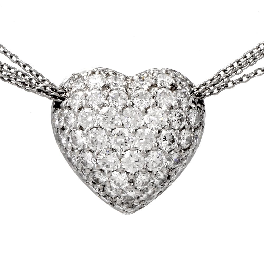 Round Cut Cluster Diamond Heart Pendant Platinum Necklace