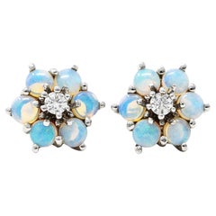 Cluster Diamond Opal 14 Karat White Gold Flower Stud Earrings