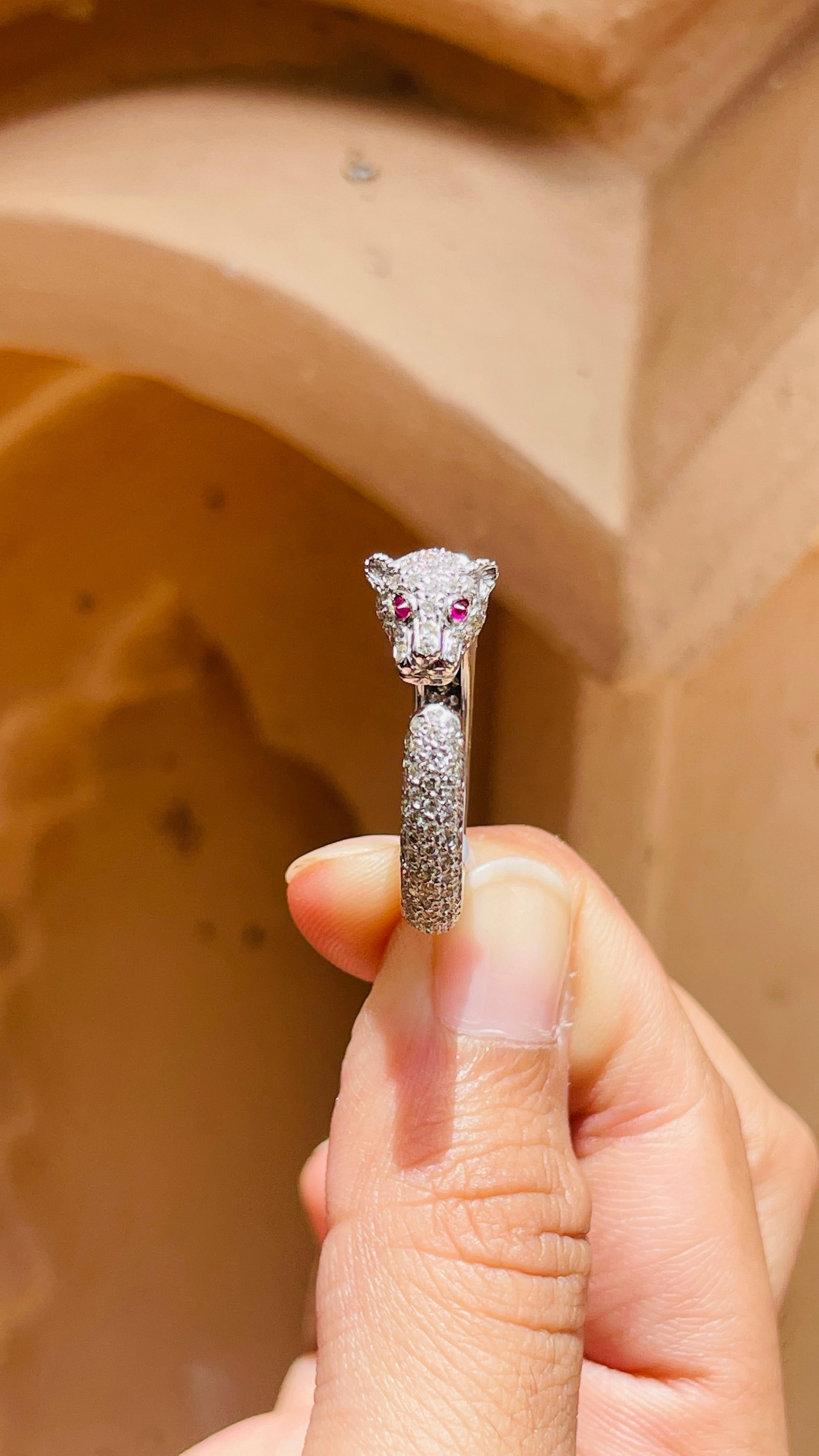 For Sale:  Cluster Diamond Panther Ring with Ruby Gemstone Eyes in 18K Solid White Gold 10
