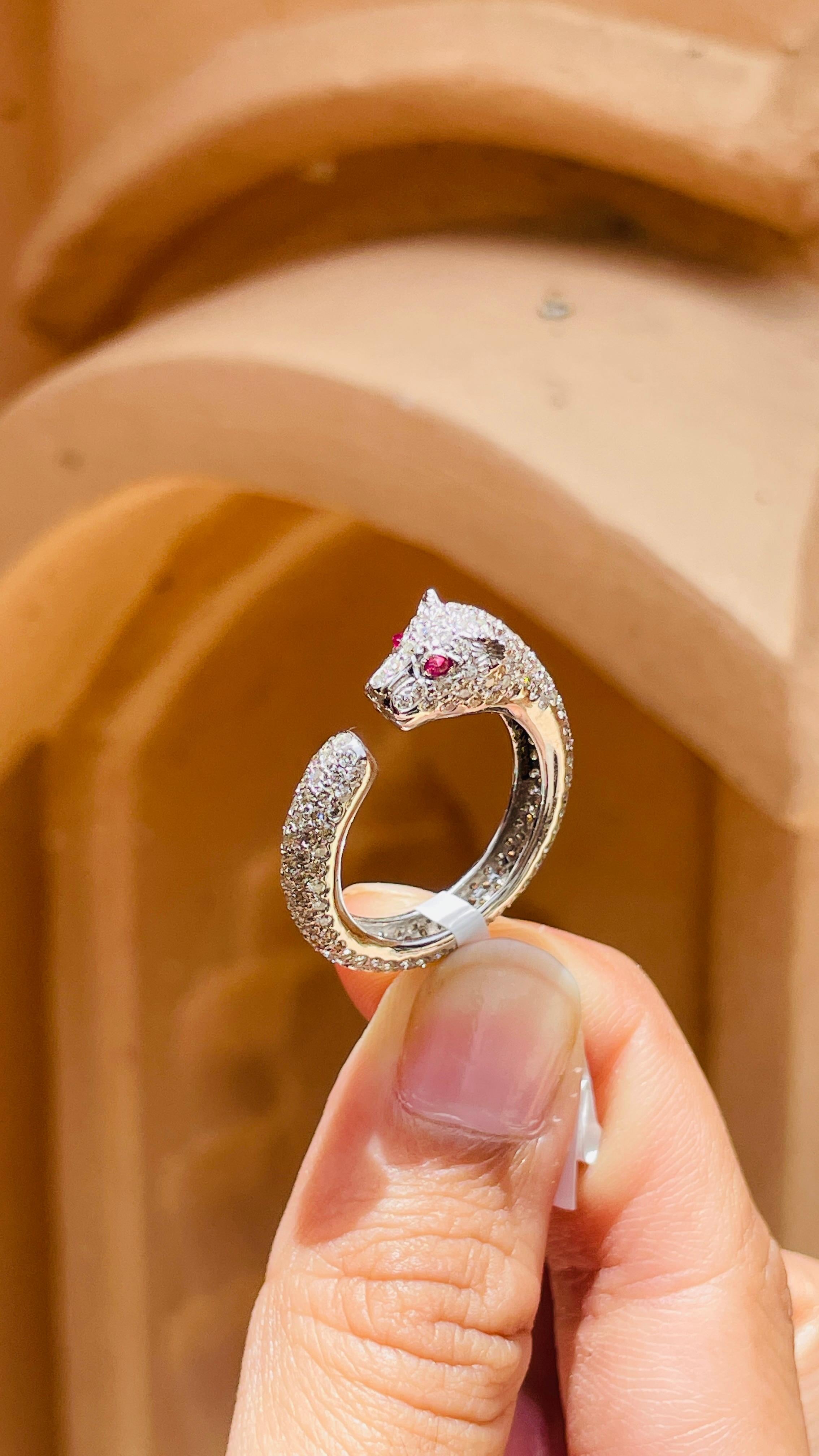 For Sale:  Cluster Diamond Panther Ring with Ruby Gemstone Eyes in 18K Solid White Gold 11