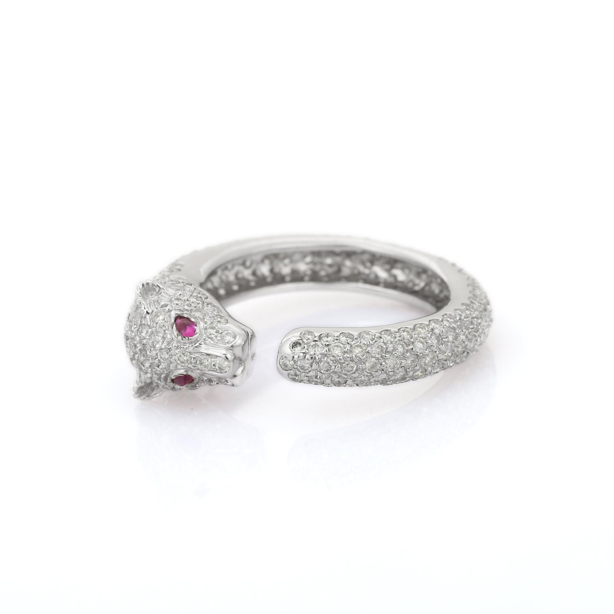 For Sale:  Cluster Diamond Panther Ring with Ruby Gemstone Eyes in 18K Solid White Gold 2