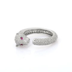 Cluster Diamond Panther Ring with Ruby Gemstone Eyes in 18K Solid White Gold