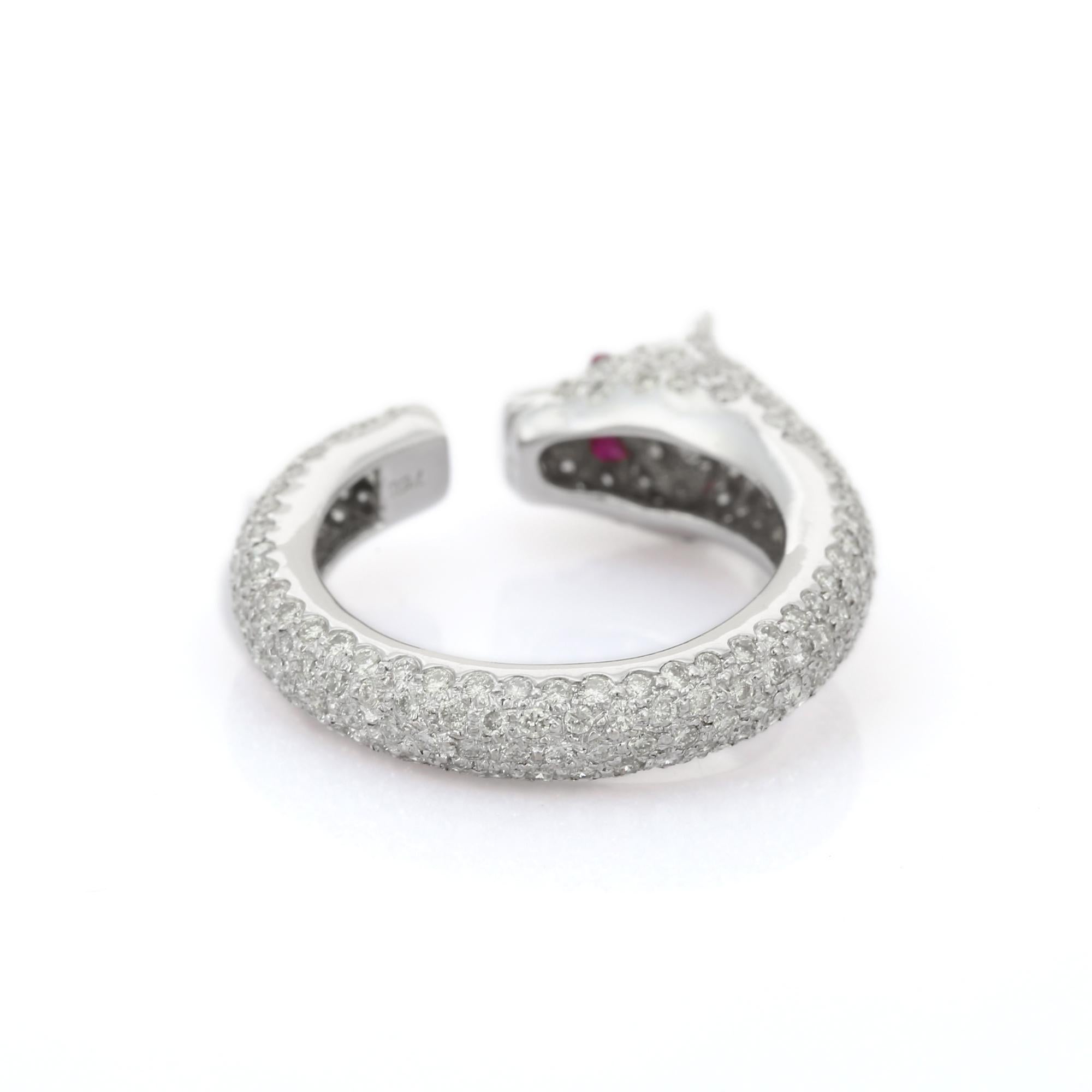 For Sale:  Cluster Diamond Panther Ring with Ruby Gemstone Eyes in 18K Solid White Gold 3