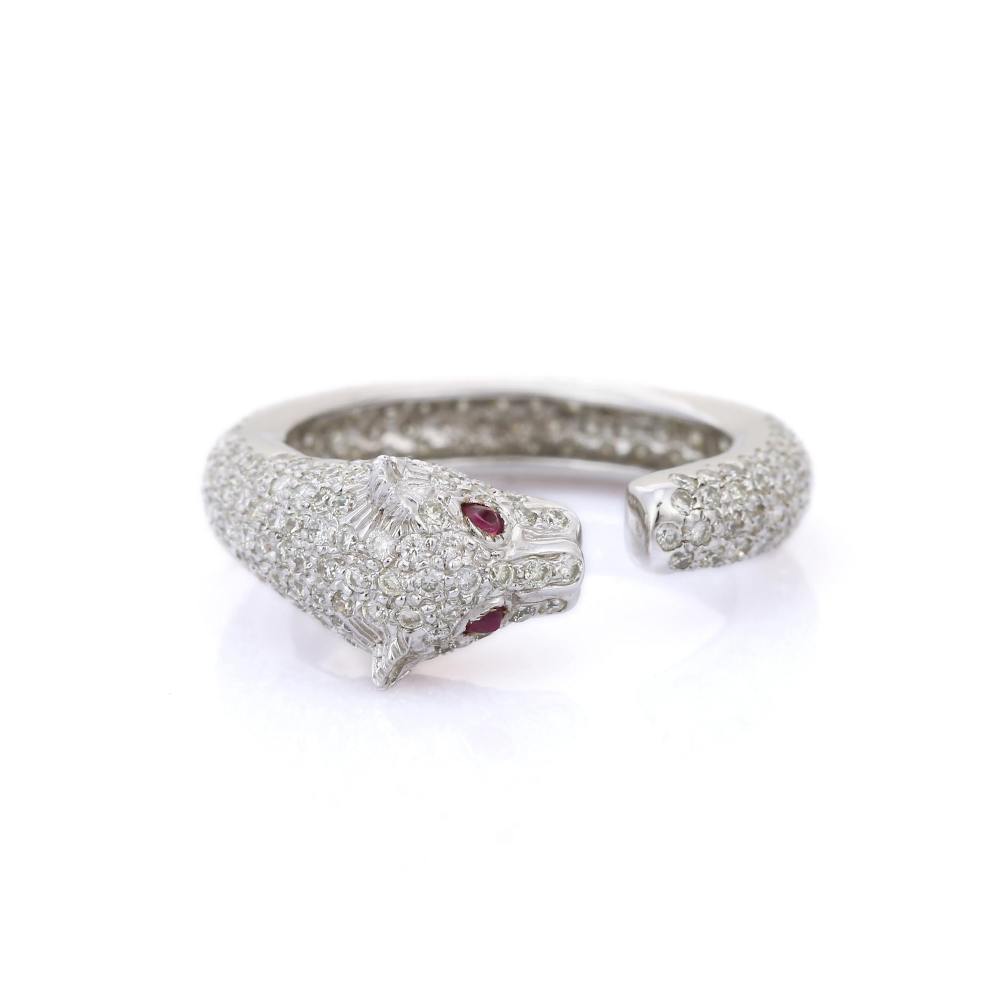 For Sale:  Cluster Diamond Panther Ring with Ruby Gemstone Eyes in 18K Solid White Gold 4