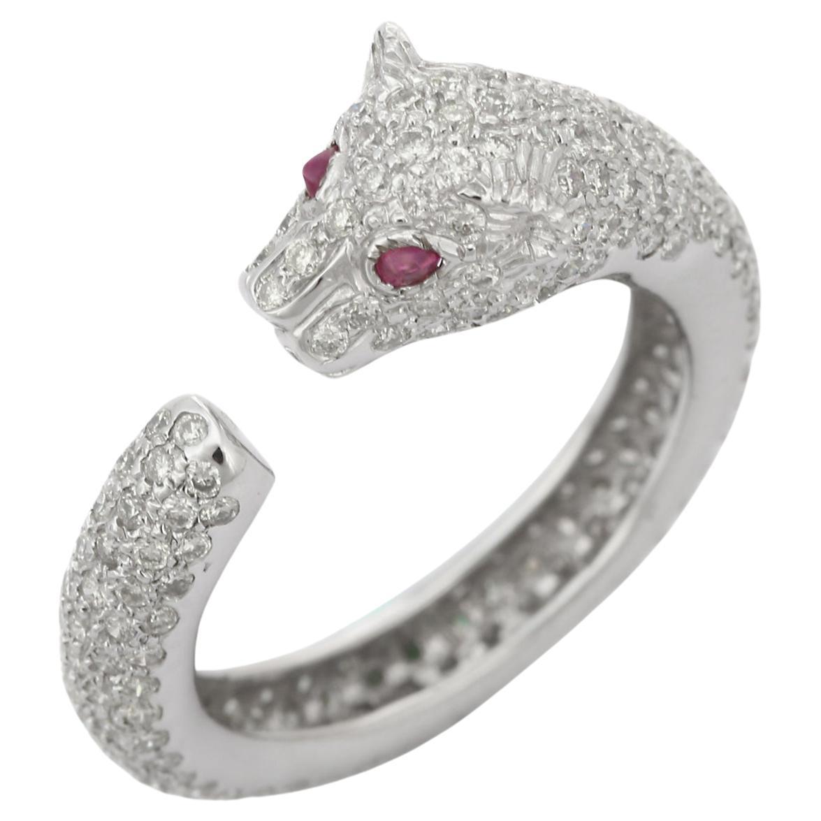 For Sale:  Cluster Diamond Panther Ring with Ruby Gemstone Eyes in 18K Solid White Gold