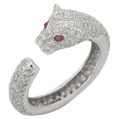 Cluster Diamond Panther Ring with Ruby Gemstone Eyes in 18K Solid White Gold