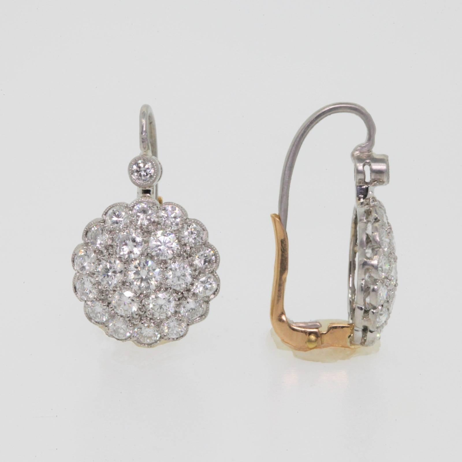 Round Cut Cluster Diamond Platinum Earrings