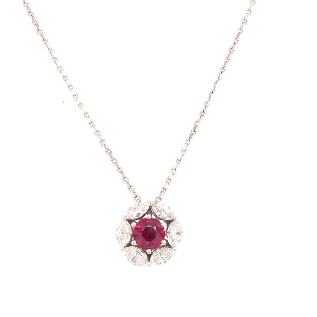 Modernist 0.65ct Burma Ruby with 18K White Gold 1.51ctw Marquise Diamond Pendant Necklace For Sale