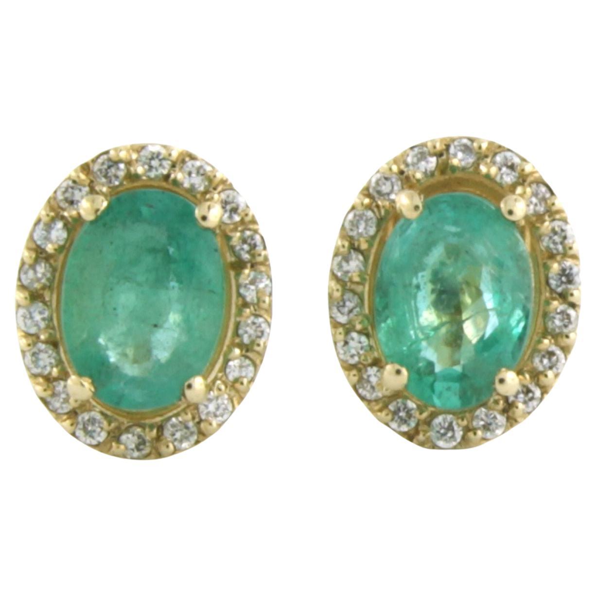 Cluster Earrings set with Emerald and diamonds 14k yellow gold For Sale