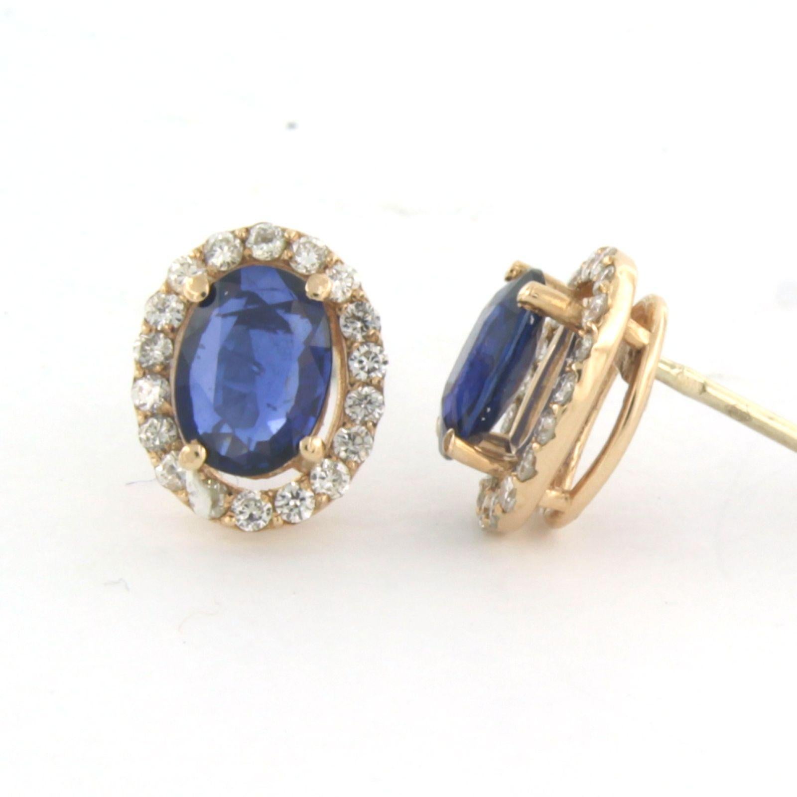 Modern Cluster Earrings set with sapphire and diamonds 14k pink gold For Sale