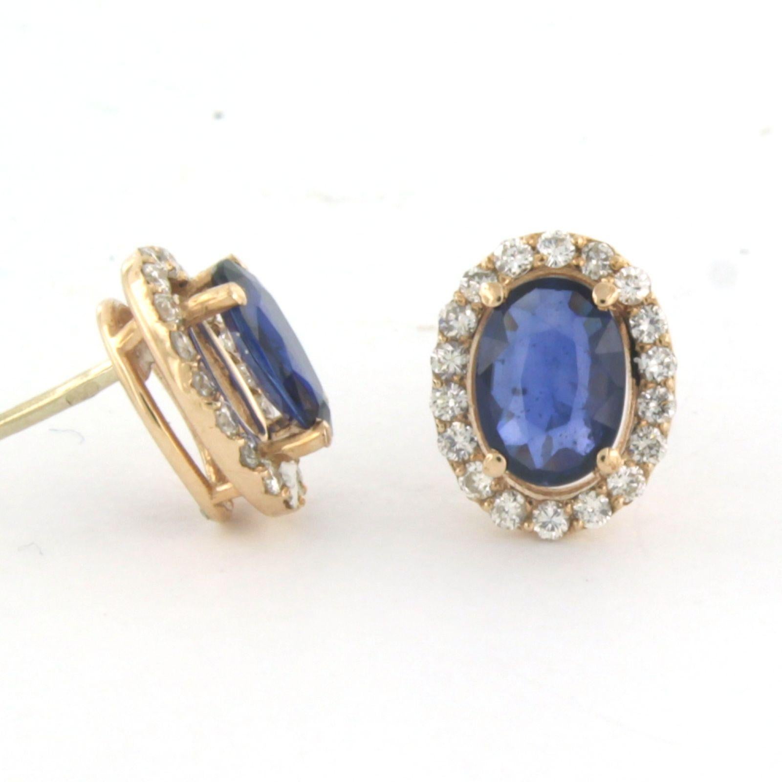 Brilliant Cut Cluster Earrings set with sapphire and diamonds 14k pink gold For Sale