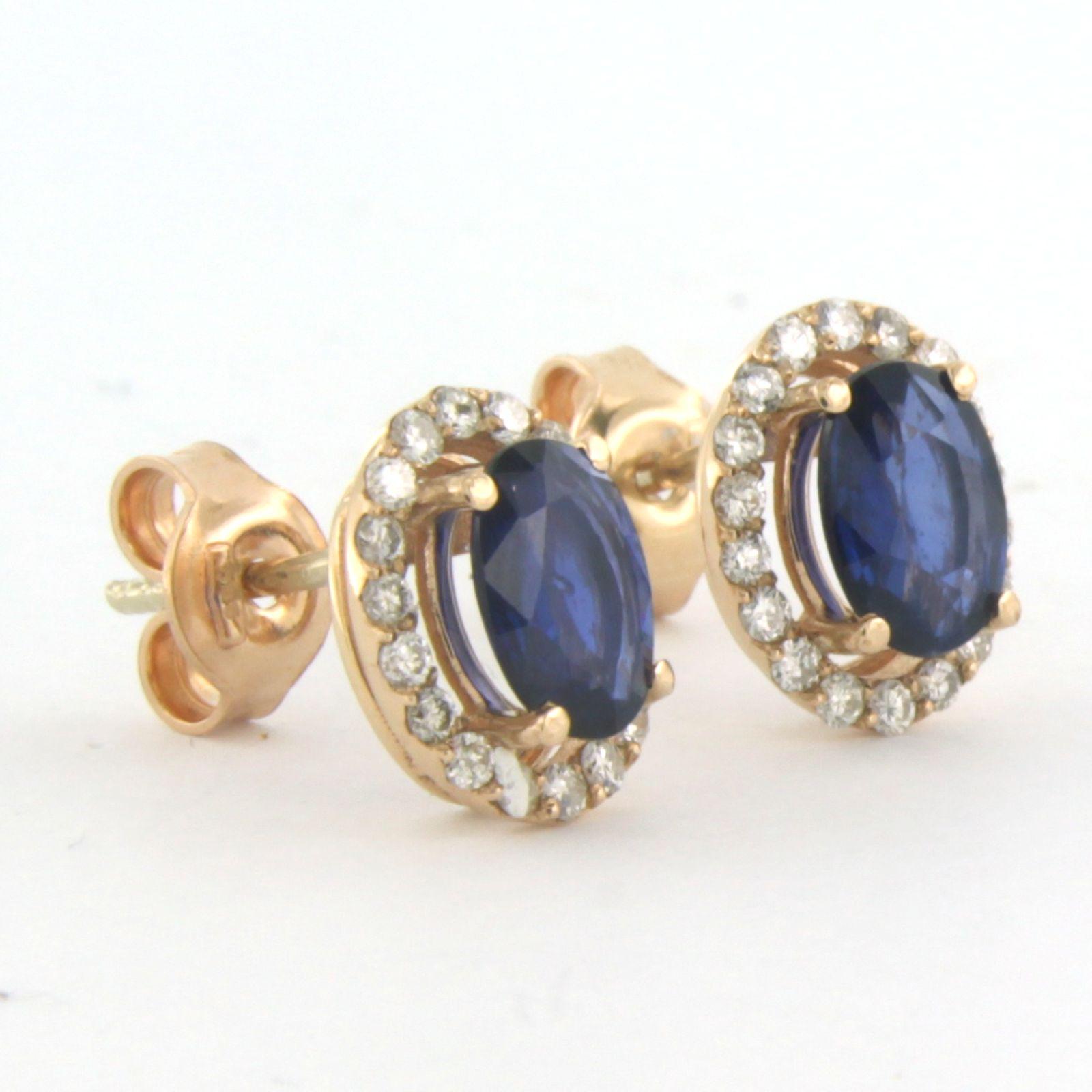 Cluster Earrings set with sapphire and diamonds 14k pink gold In New Condition For Sale In The Hague, ZH