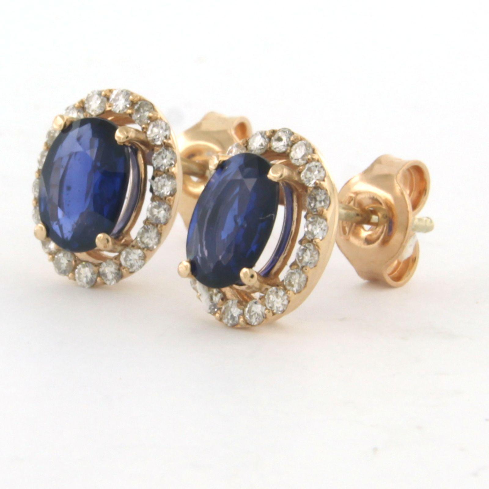 Women's Cluster Earrings set with sapphire and diamonds 14k pink gold For Sale