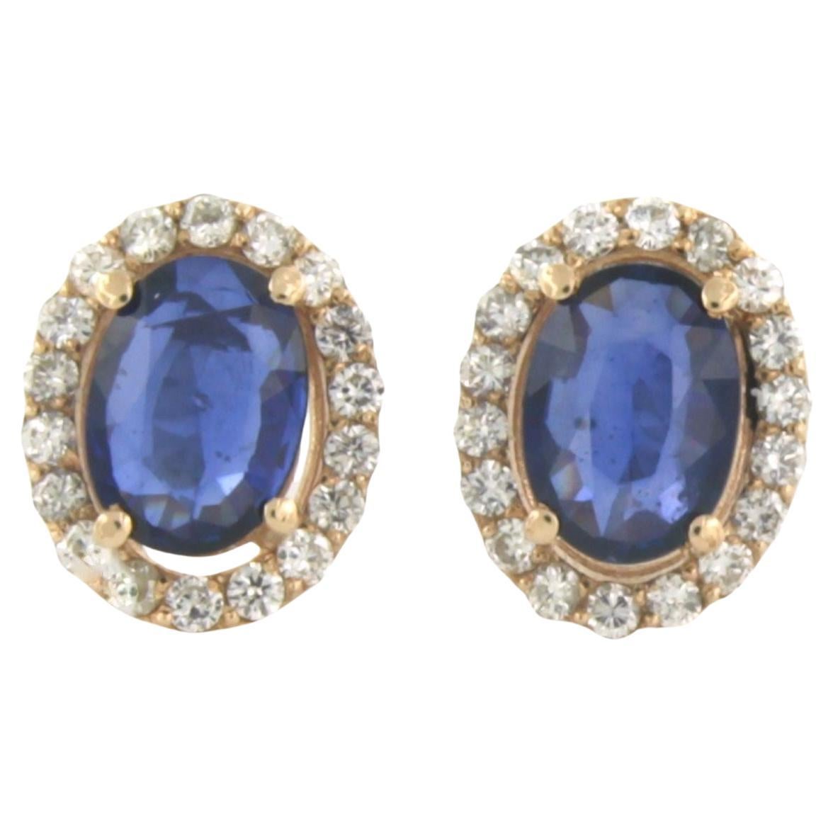 Cluster Earrings set with sapphire and diamonds 14k pink gold For Sale