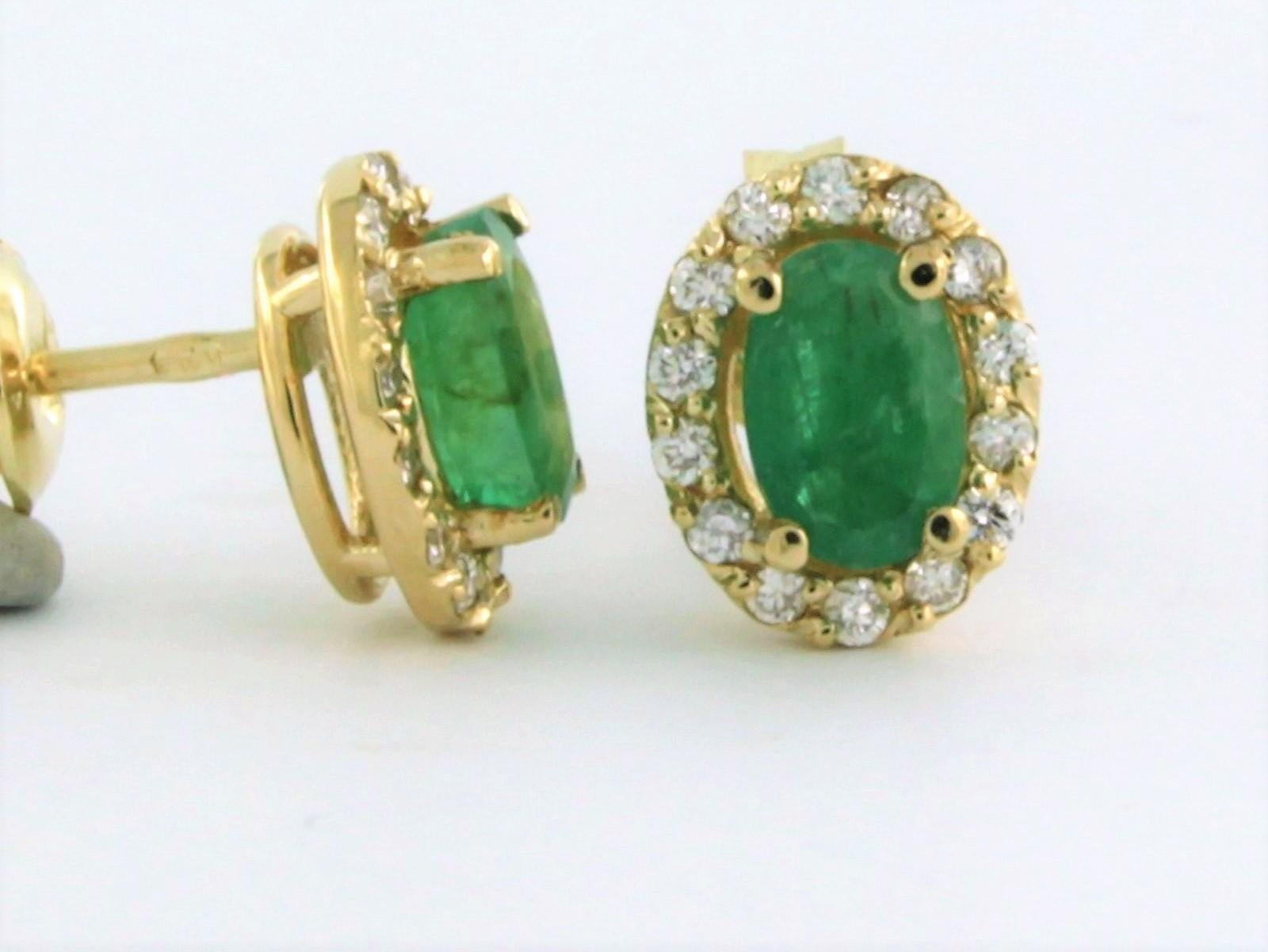 Brilliant Cut Cluster earrings studs set with emerald and diamonds 14k yellow gold For Sale