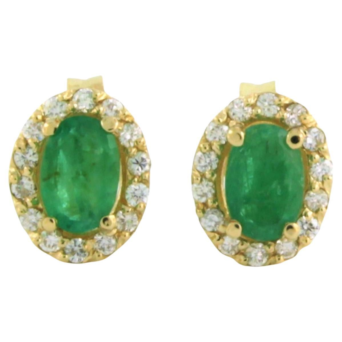 Cluster earrings studs set with emerald and diamonds 14k yellow gold For Sale