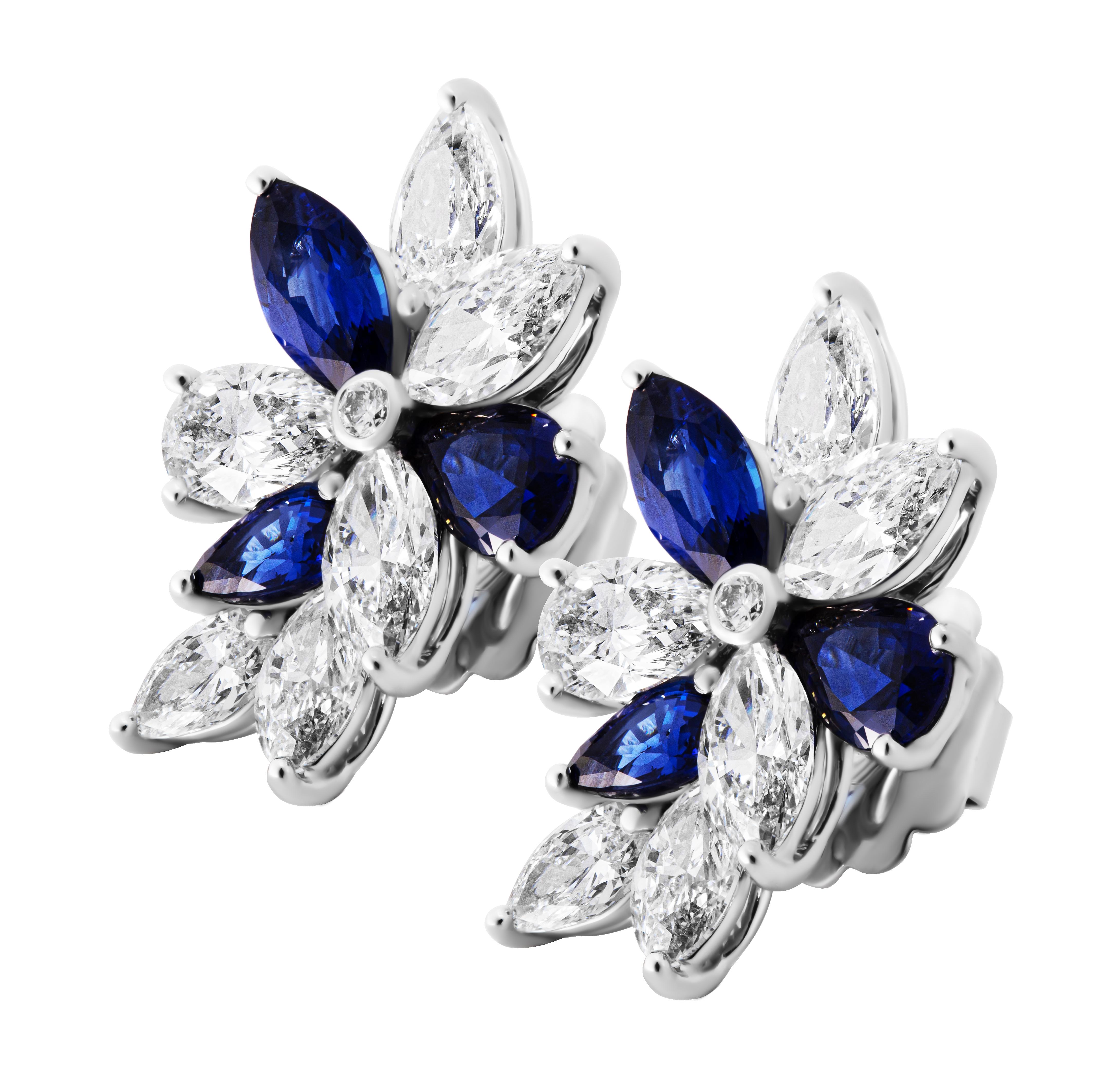 Cluster Earrings with Diamonds & Sapphires in 18k WG 
Blue Sapphires totaling 2.47ct
White marquee diamonds totaling 1.87ct
White Pear Shape diamonds totaling 1.77ct
White Round diamonds totaling 0.04ct