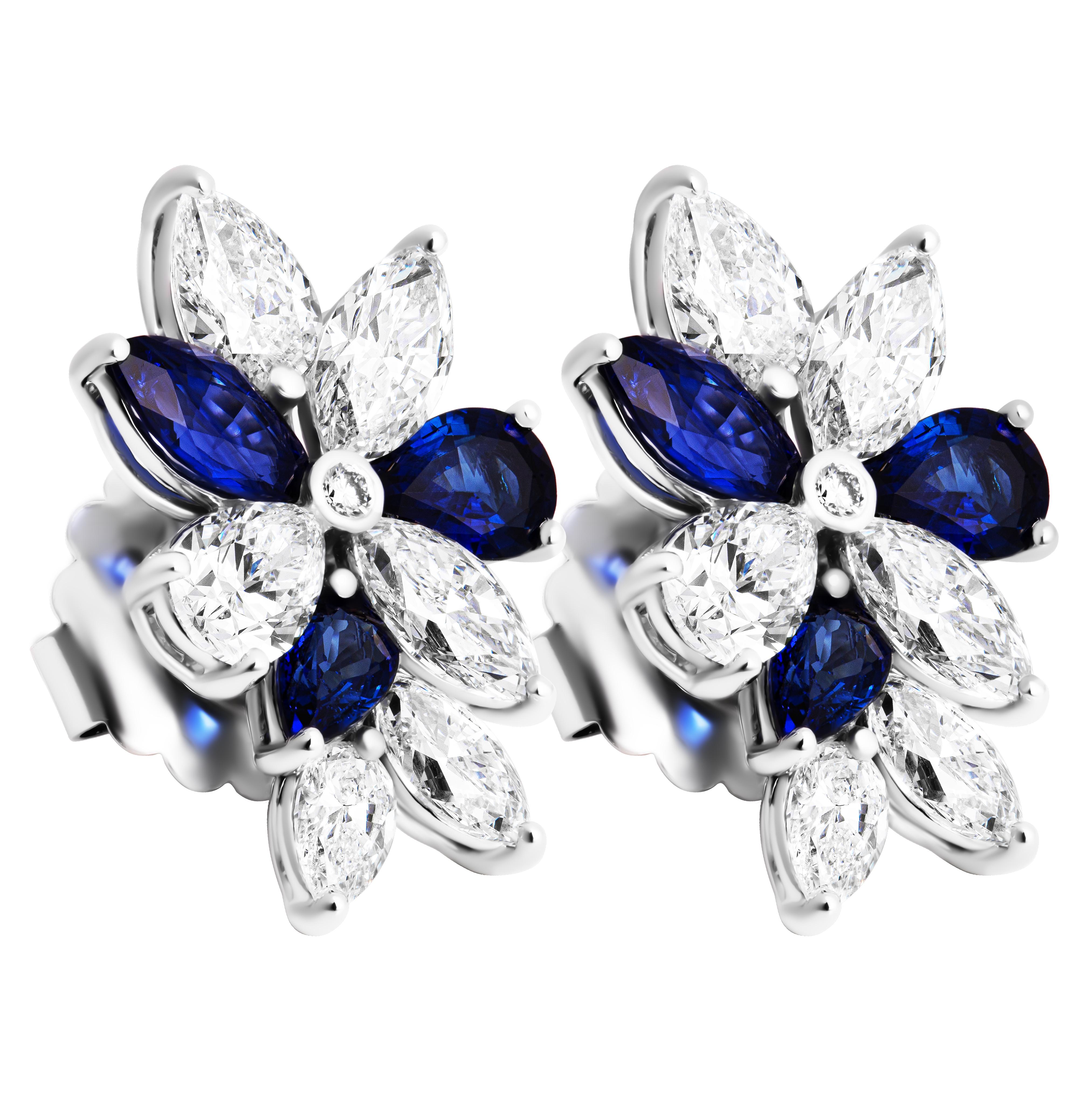 Modern Cluster Earrings with Diamonds & Sapphires For Sale