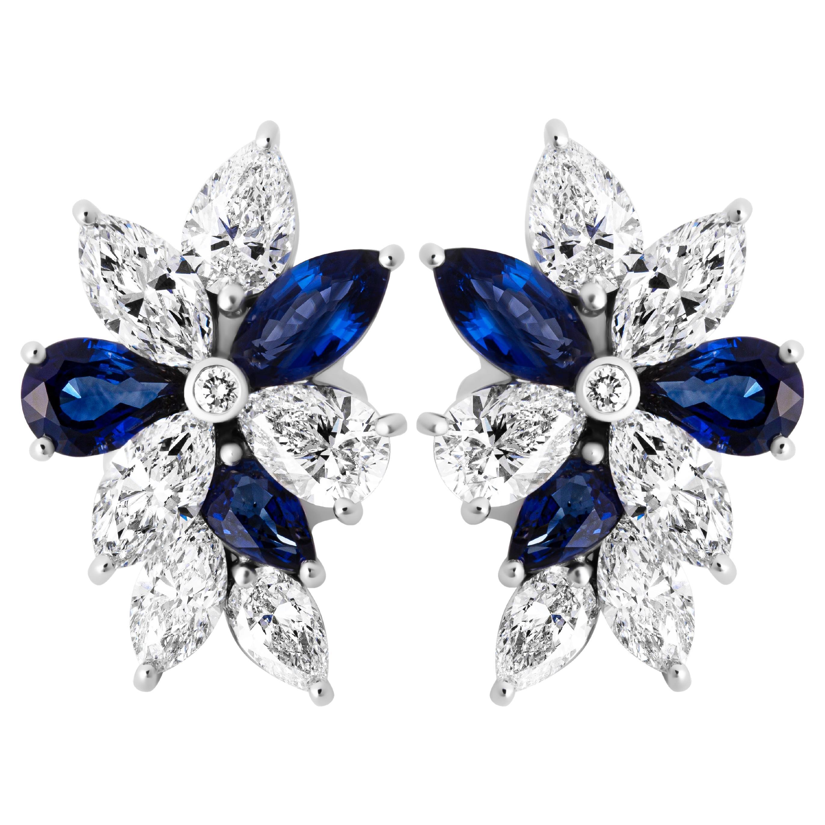 Cluster Earrings with Diamonds & Sapphires For Sale