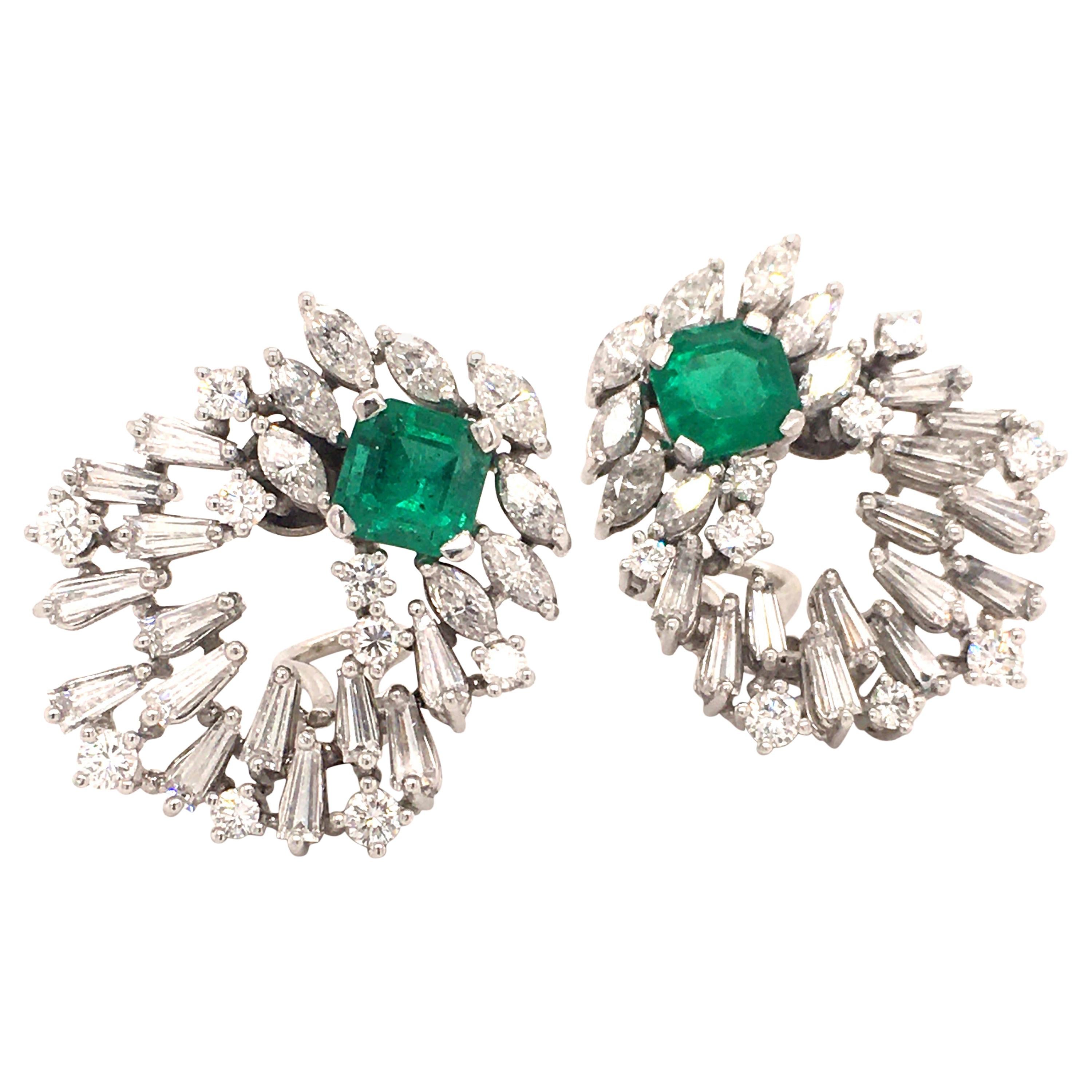 Cluster Emerald and Diamond Earclips in 18 Karat White Gold