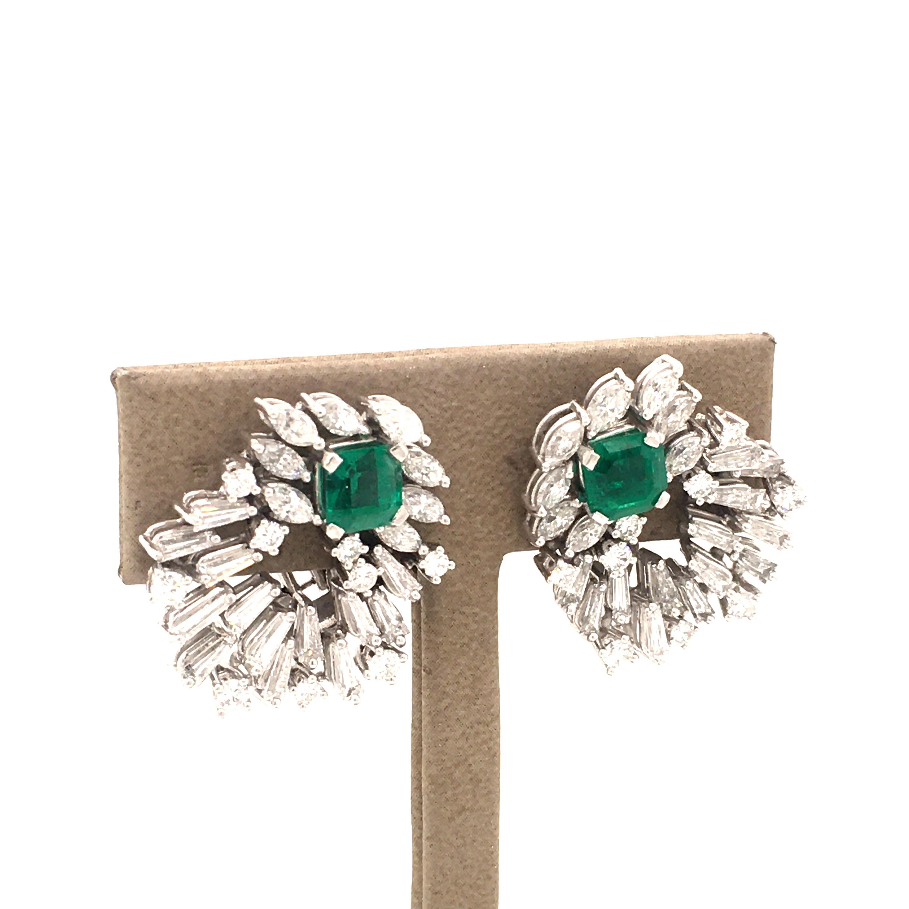 Emerald Cut Cluster Emerald and Diamond Earclips in 18 Karat White Gold