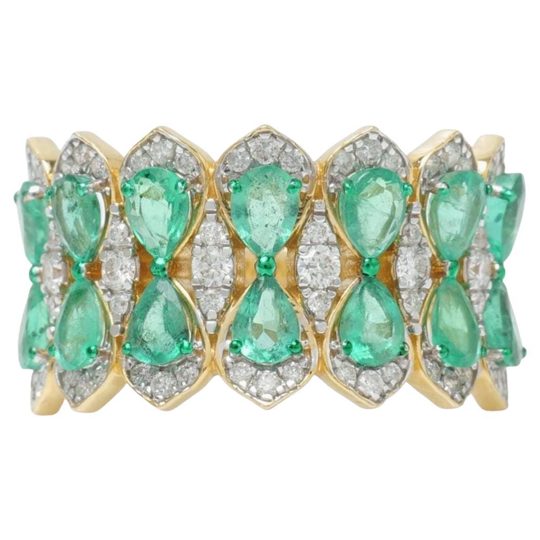 Cluster Emerald Natural Diamond Broad Ring in 14K Solid Gold (Certified)