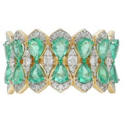 Cluster Emerald Natural Diamond Broad Ring in 14K Solid Gold (Certified)