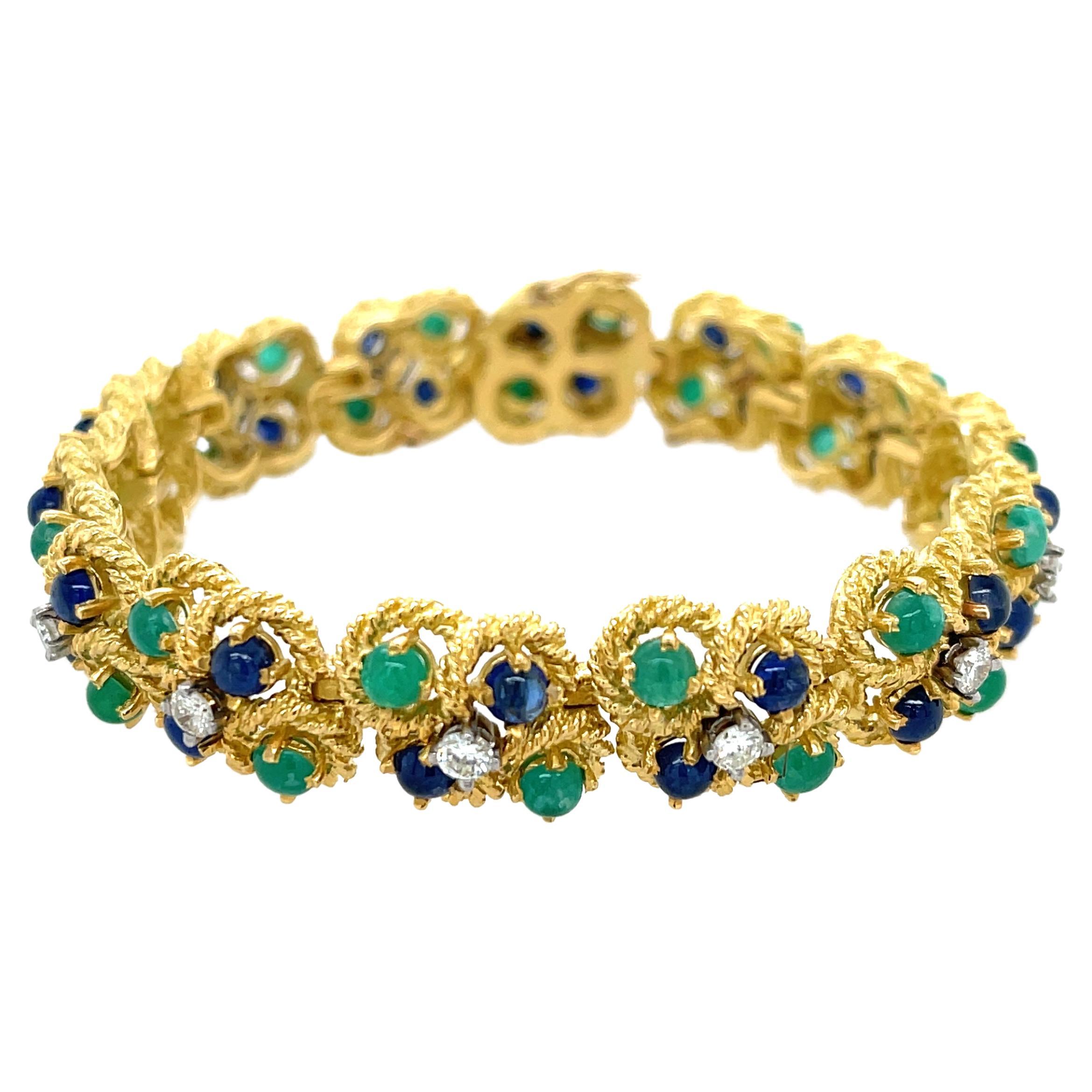 Cluster Emerald Sapphire Diamond Bracelet 18k Yellow Gold For Sale
