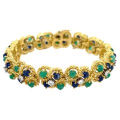 Cluster Emerald Sapphire Diamond Bracelet 18k Yellow Gold