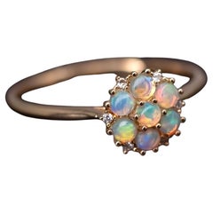 Cluster Engagement Ring Solid Opal & Diamond 18K Yellow Gold