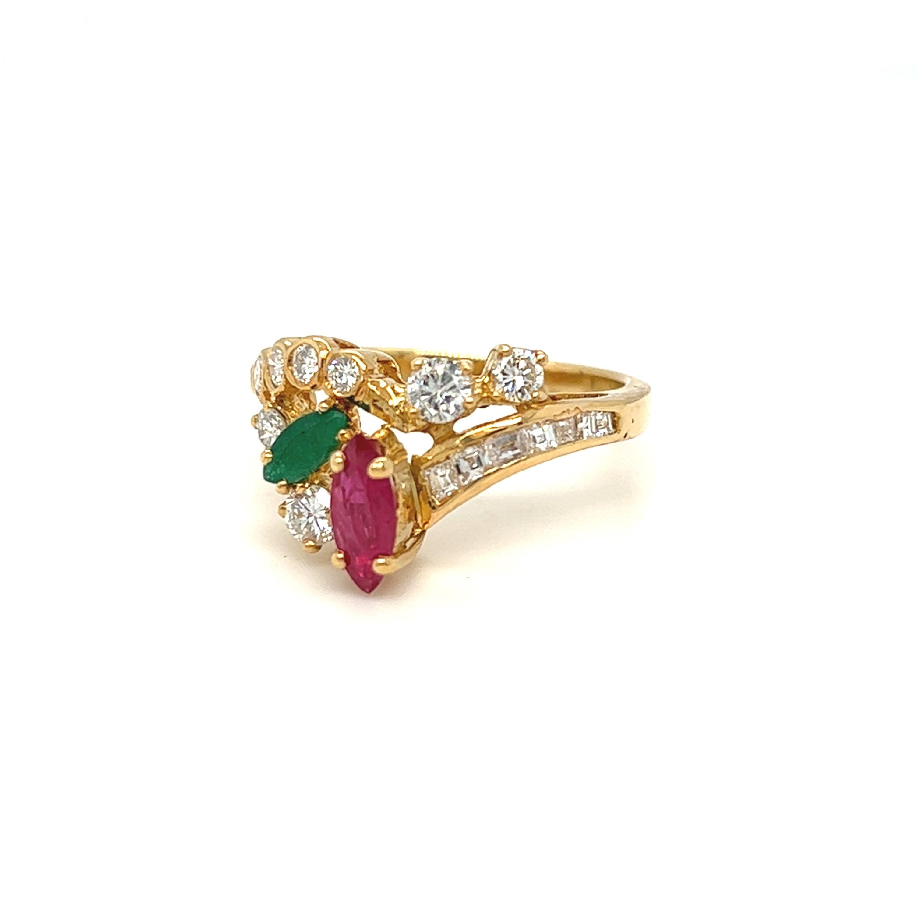 Marquise Cut Cluster Floral Gemstone Ruby, Emerald, Diamond Ring 18k Yellow Gold For Sale
