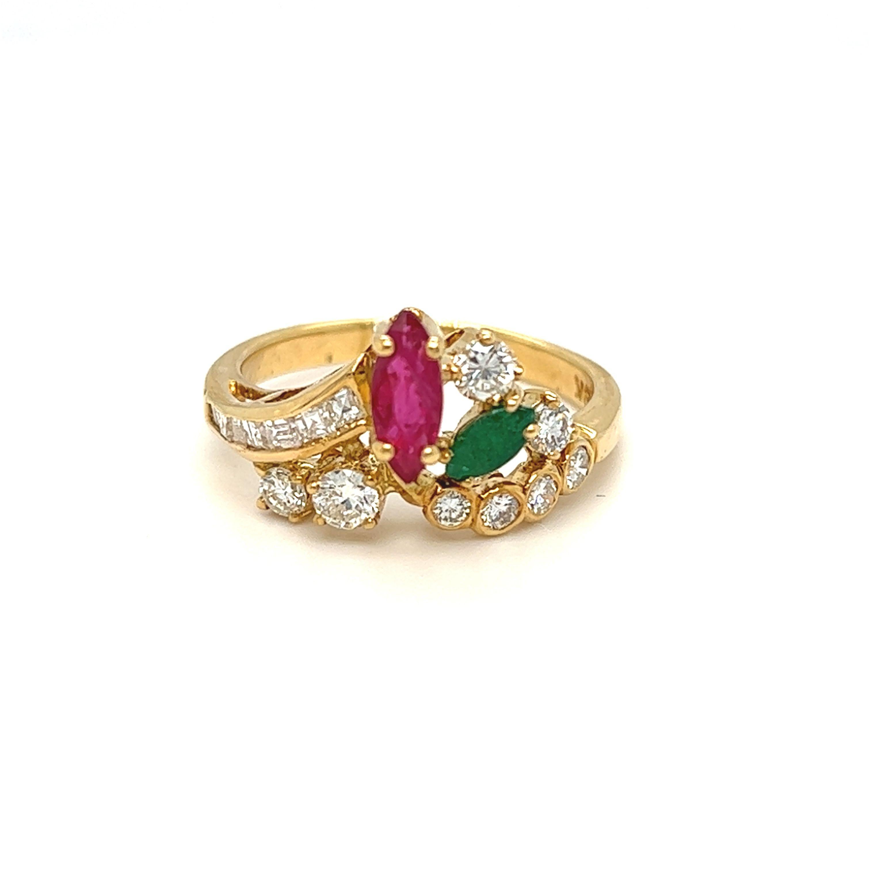 Cluster Floral Gemstone Ruby, Emerald, Diamond Ring 18k Yellow Gold In Excellent Condition For Sale In beverly hills, CA