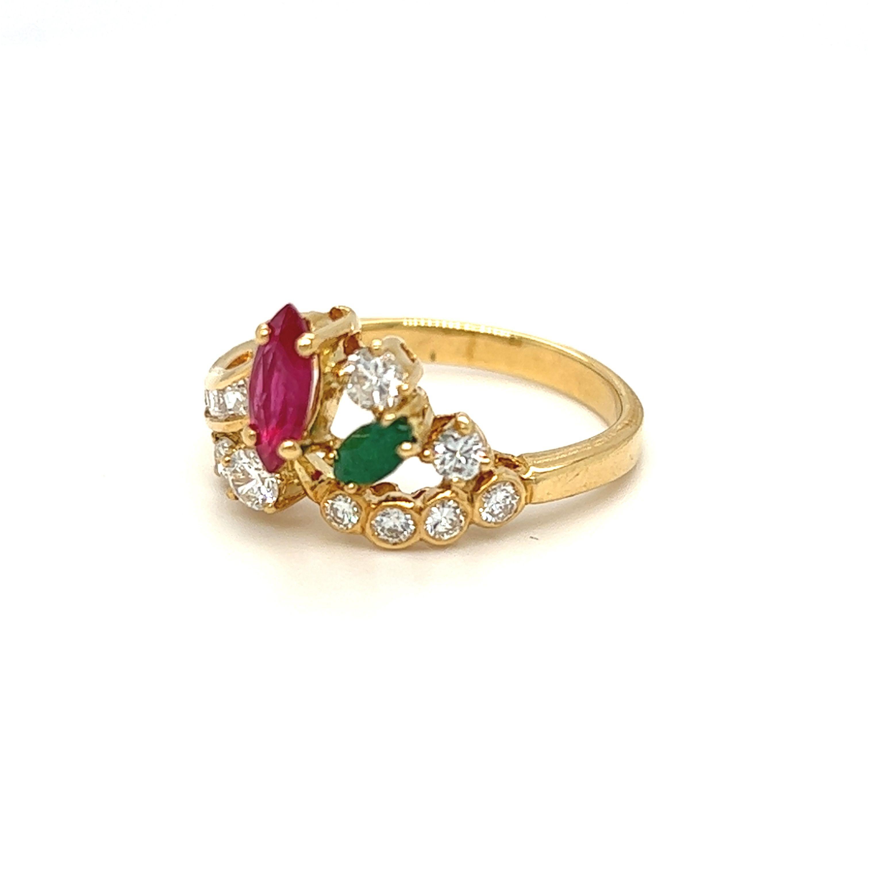 Women's Cluster Floral Gemstone Ruby, Emerald, Diamond Ring 18k Yellow Gold For Sale